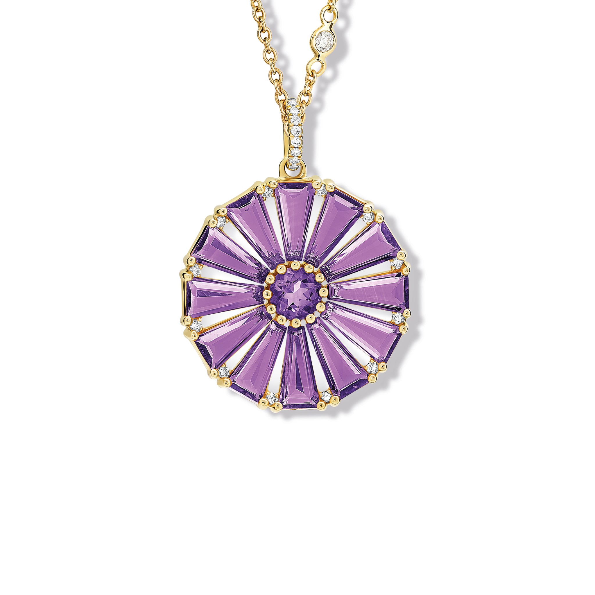 Handcrafted yellow gold circular necklace pendant with baguette cut amethyst and diamond gemstones.