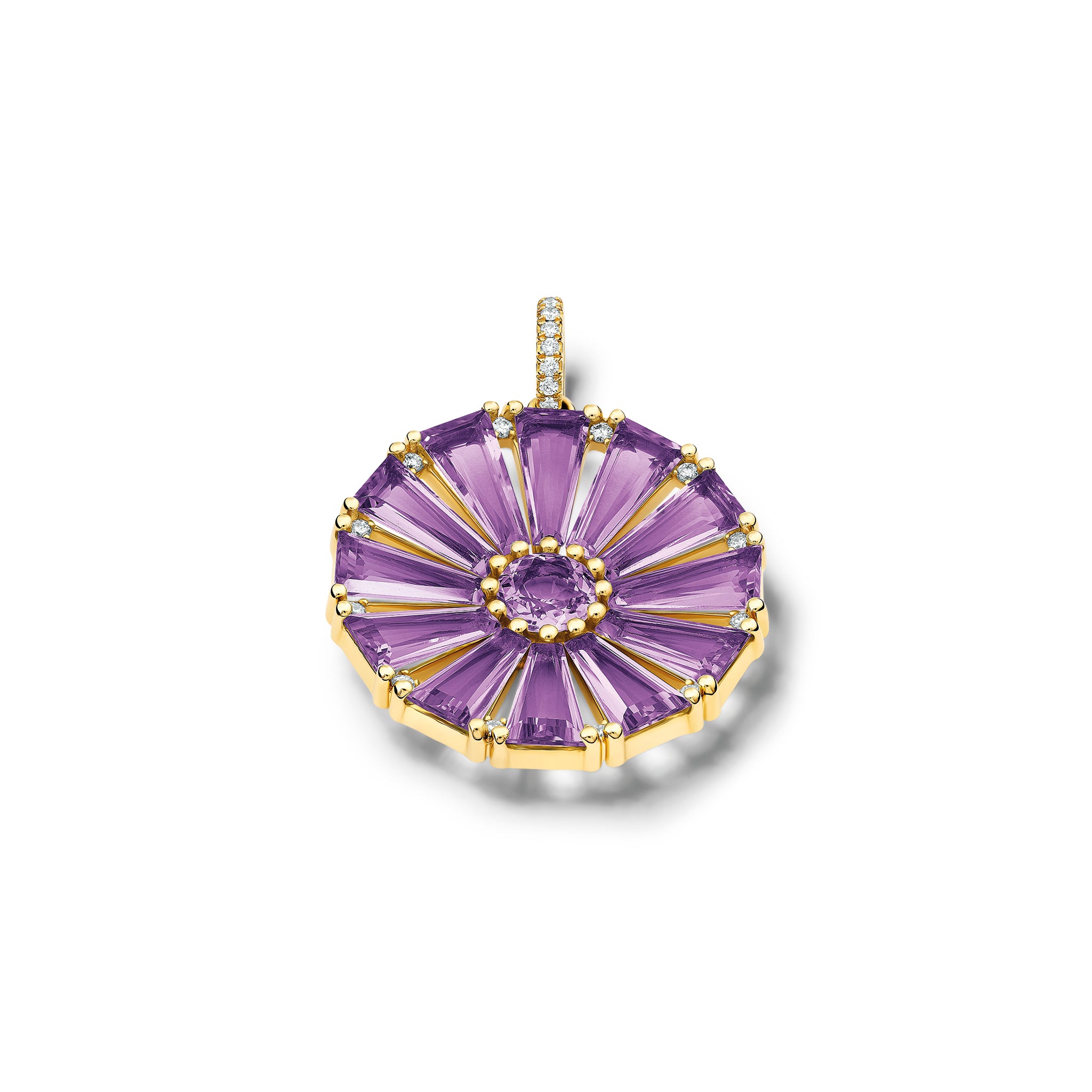 Handcrafted yellow gold circular necklace pendant with baguette cut amethyst and diamond gemstones.