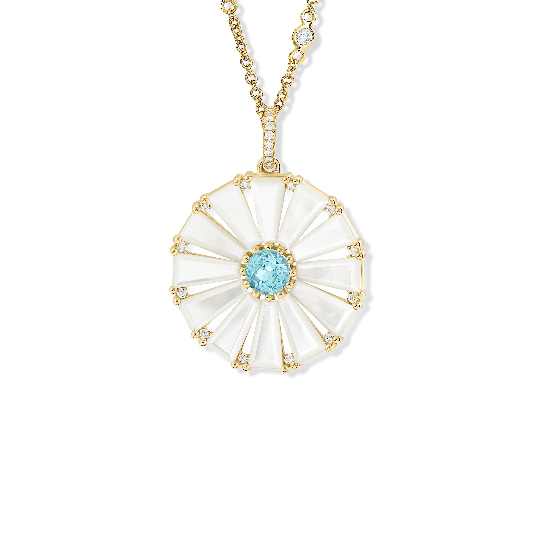 Handcrafted yellow gold circular necklace pendant with baguette cut mother of pearl, blue topaz and diamond gemstones.