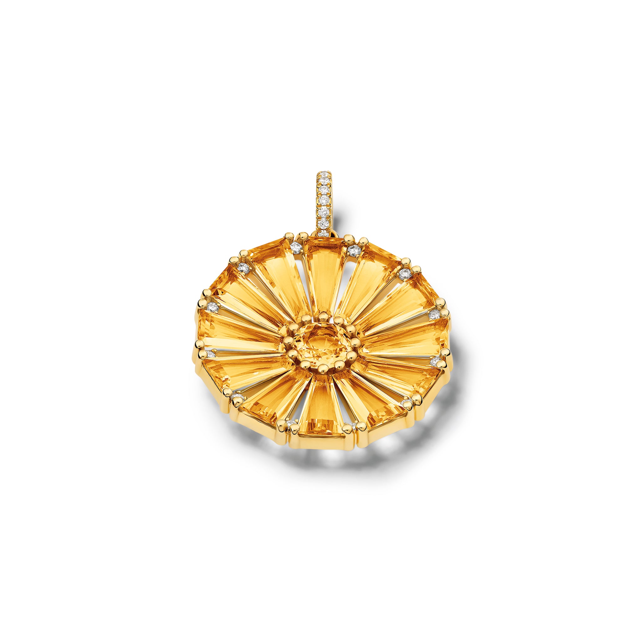 Handcrafted yellow gold circular necklace pendant with baguette cut citrine and diamond gemstones.