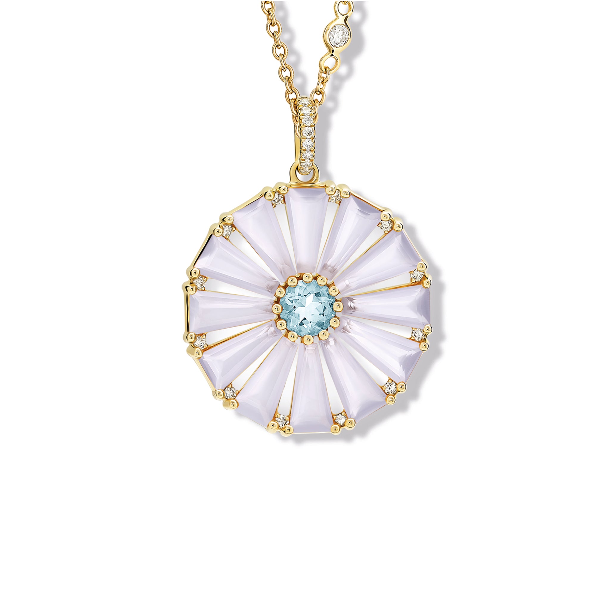 Handcrafted yellow gold circular necklace pendant with baguette cut blue chalcedony, blue topaz and diamond gemstones.