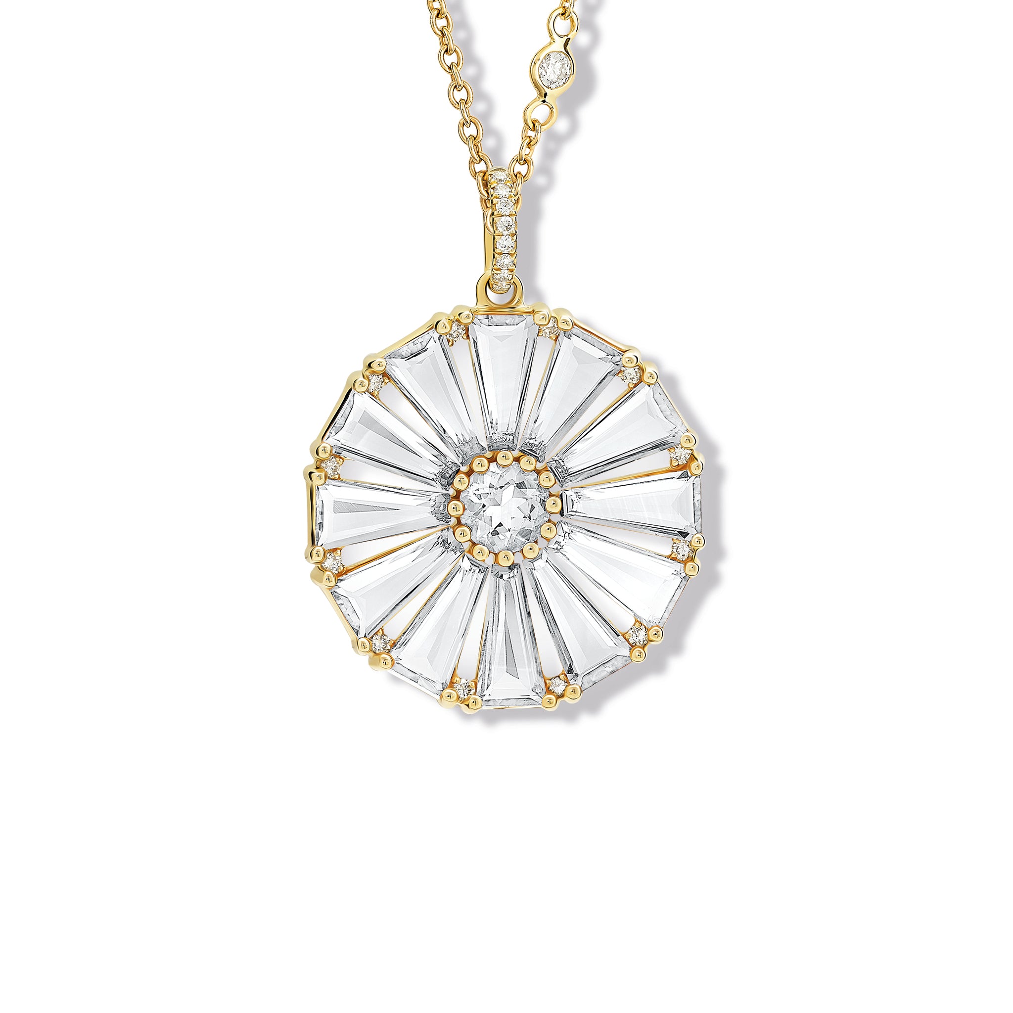 Handcrafted yellow gold circular necklace pendant with baguette cut white topaz and diamond gemstones.