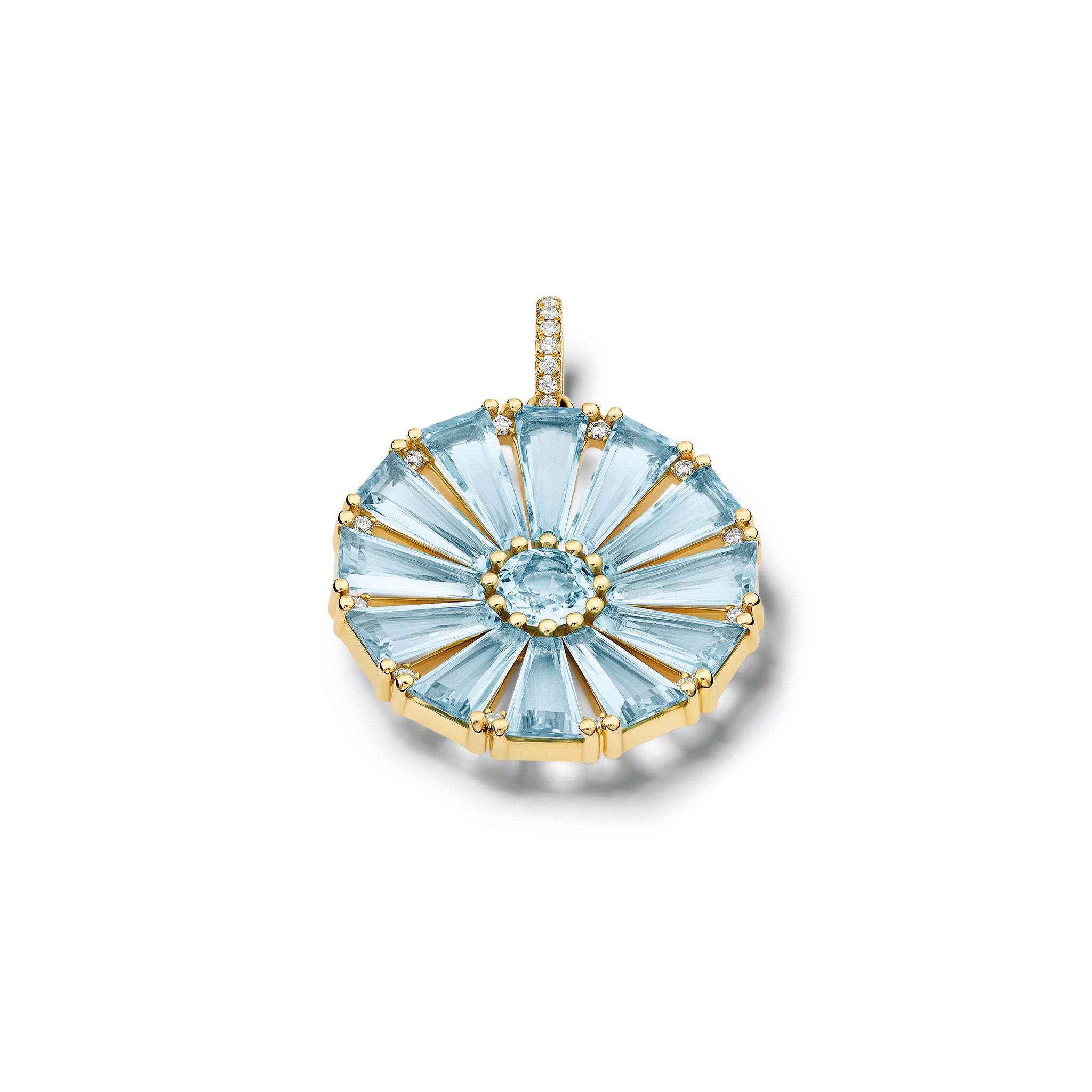 Handcrafted yellow gold circular necklace pendant with baguette cut blue topaz and diamond gemstones.