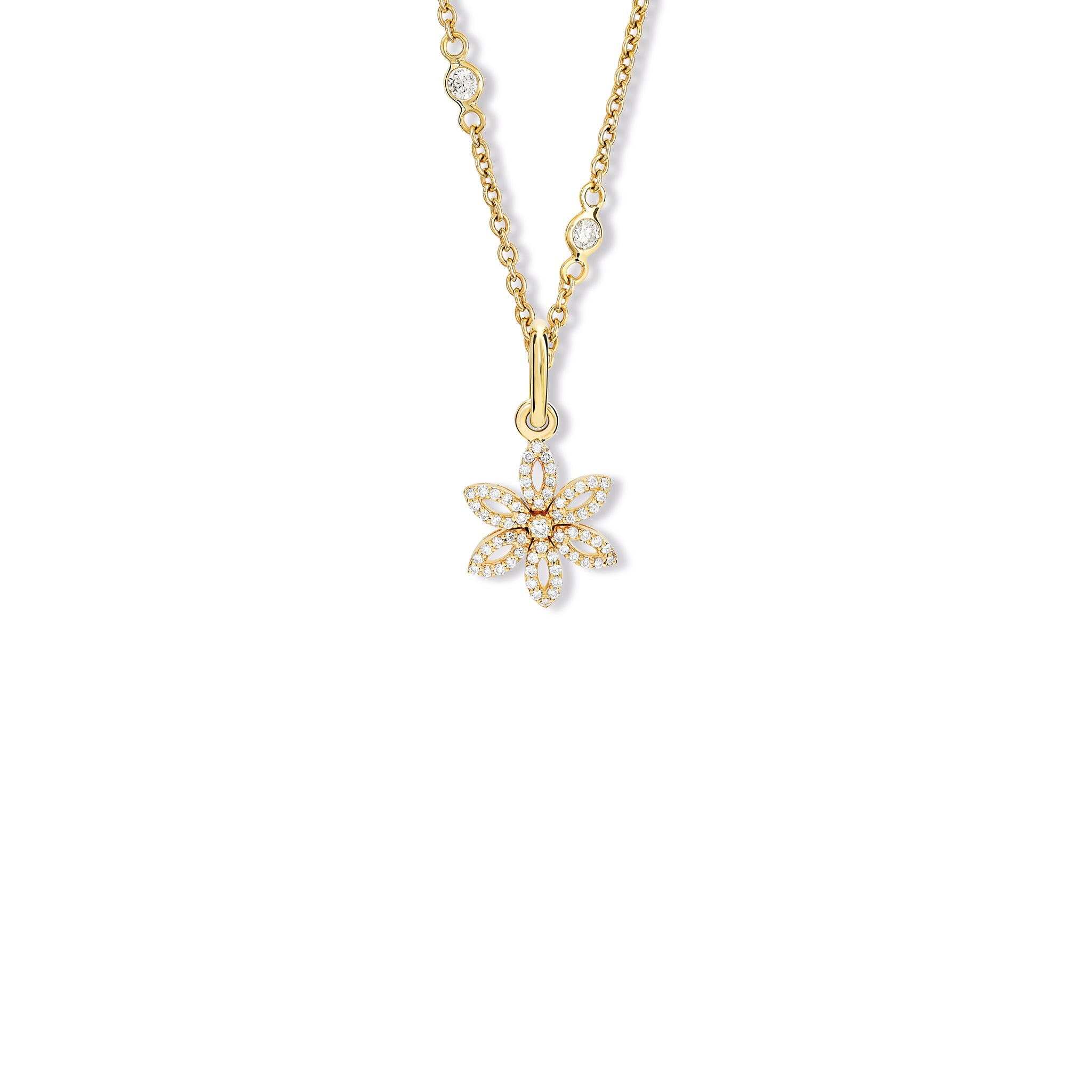 Handcrafted 18ct yellow gold flower necklace pendant with diamond pav? and central diamond, birthstone of April.