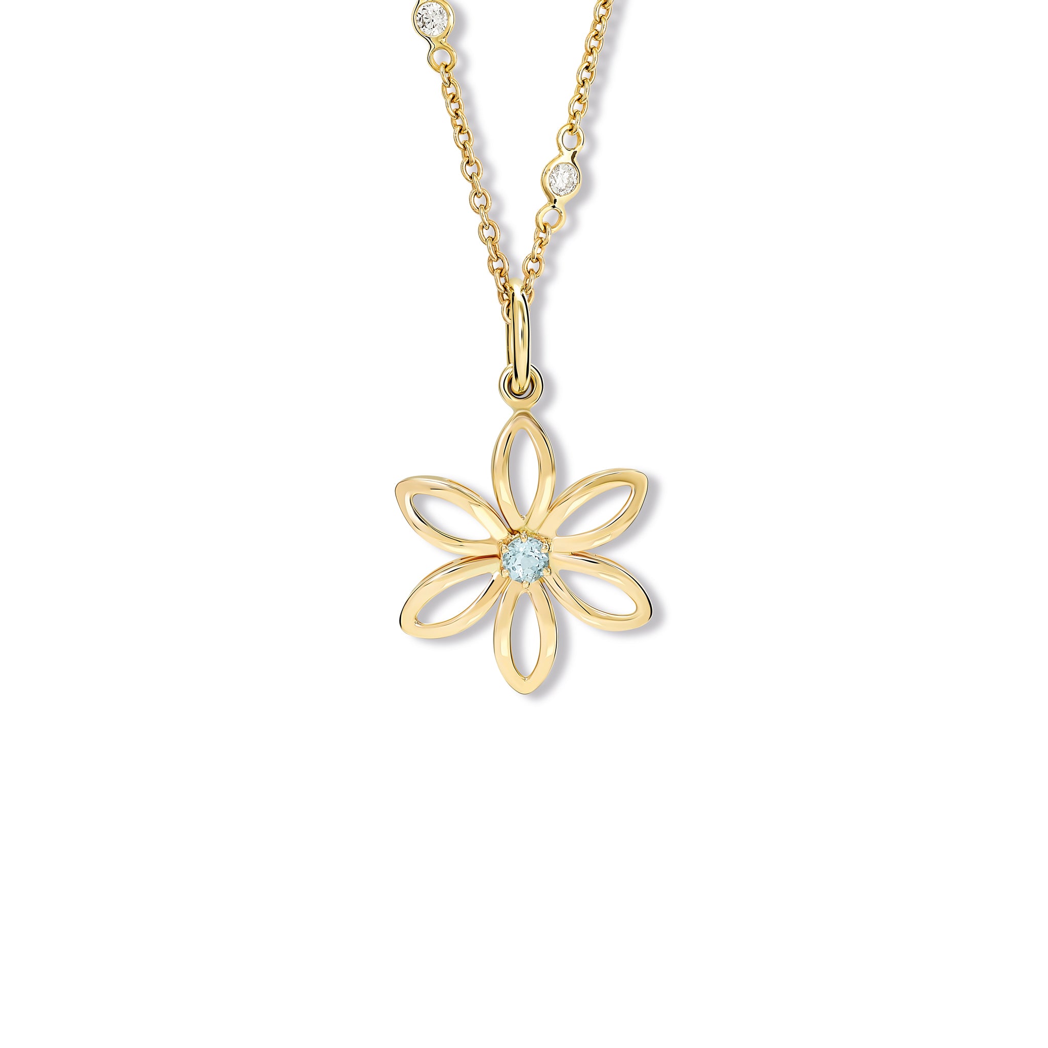 Handcrafted yellow gold flower necklace pendant with a central blue topaz, birthstone of November.