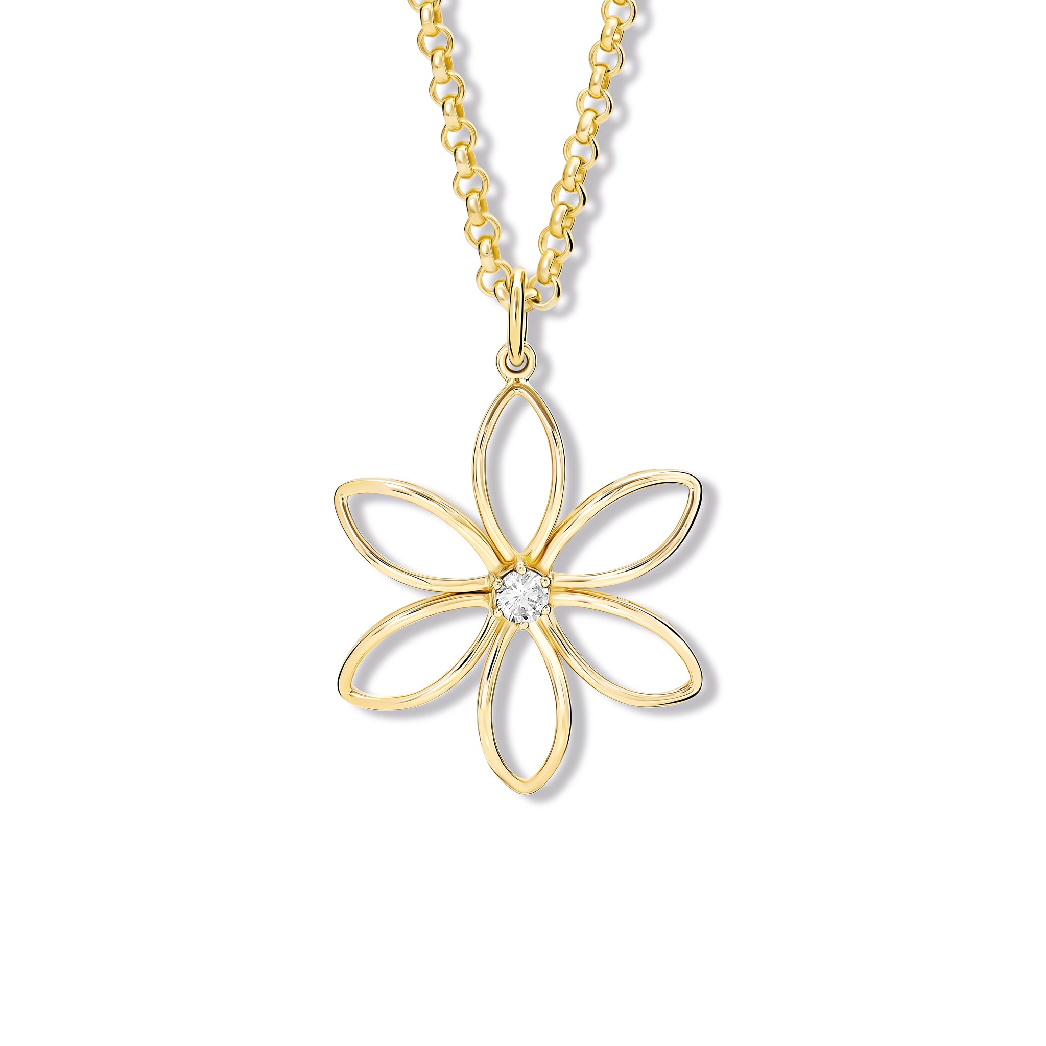 handcrafted flower necklace pendant in precious metal set with a central precious stone.