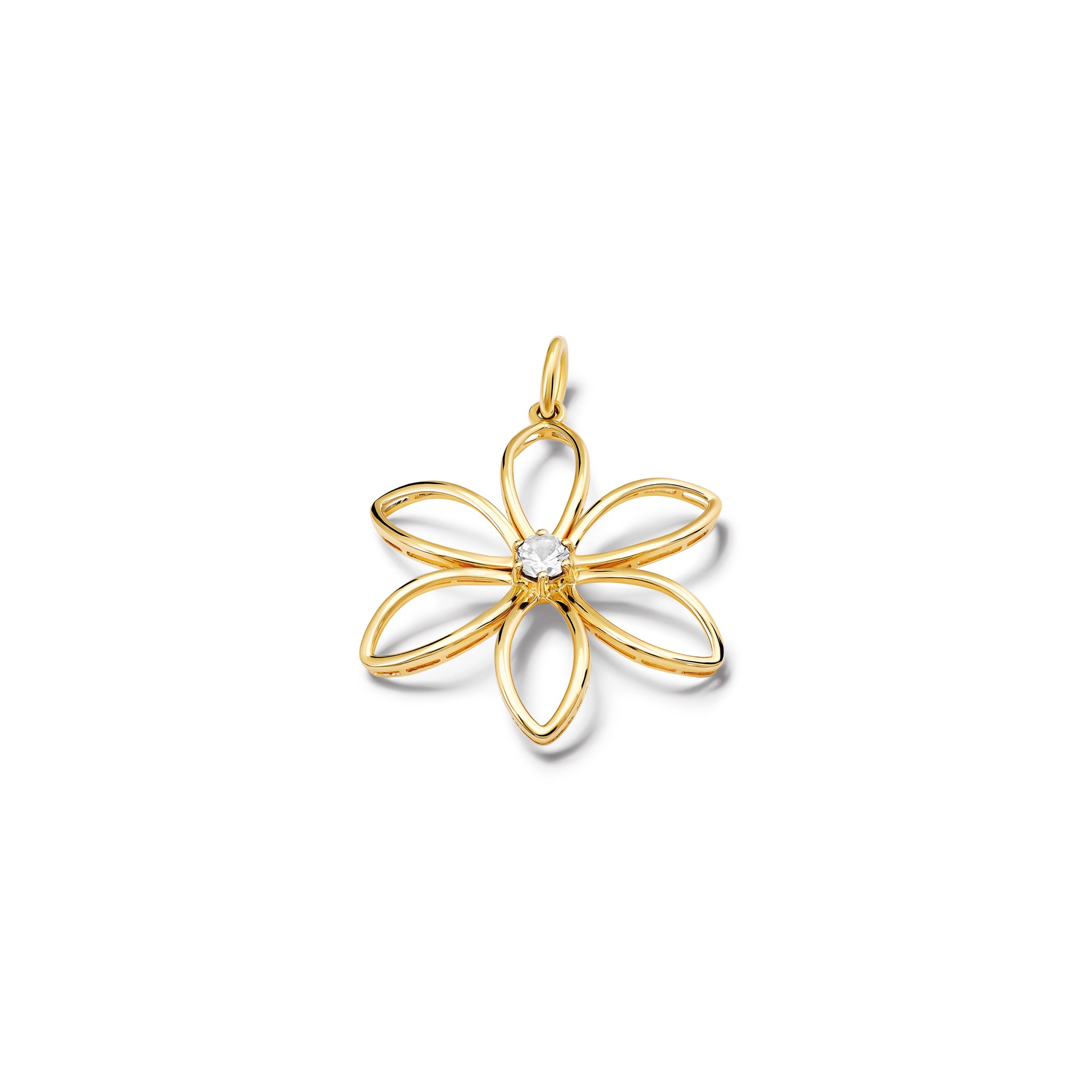handcrafted flower necklace pendant in precious metal set with a central precious stone.