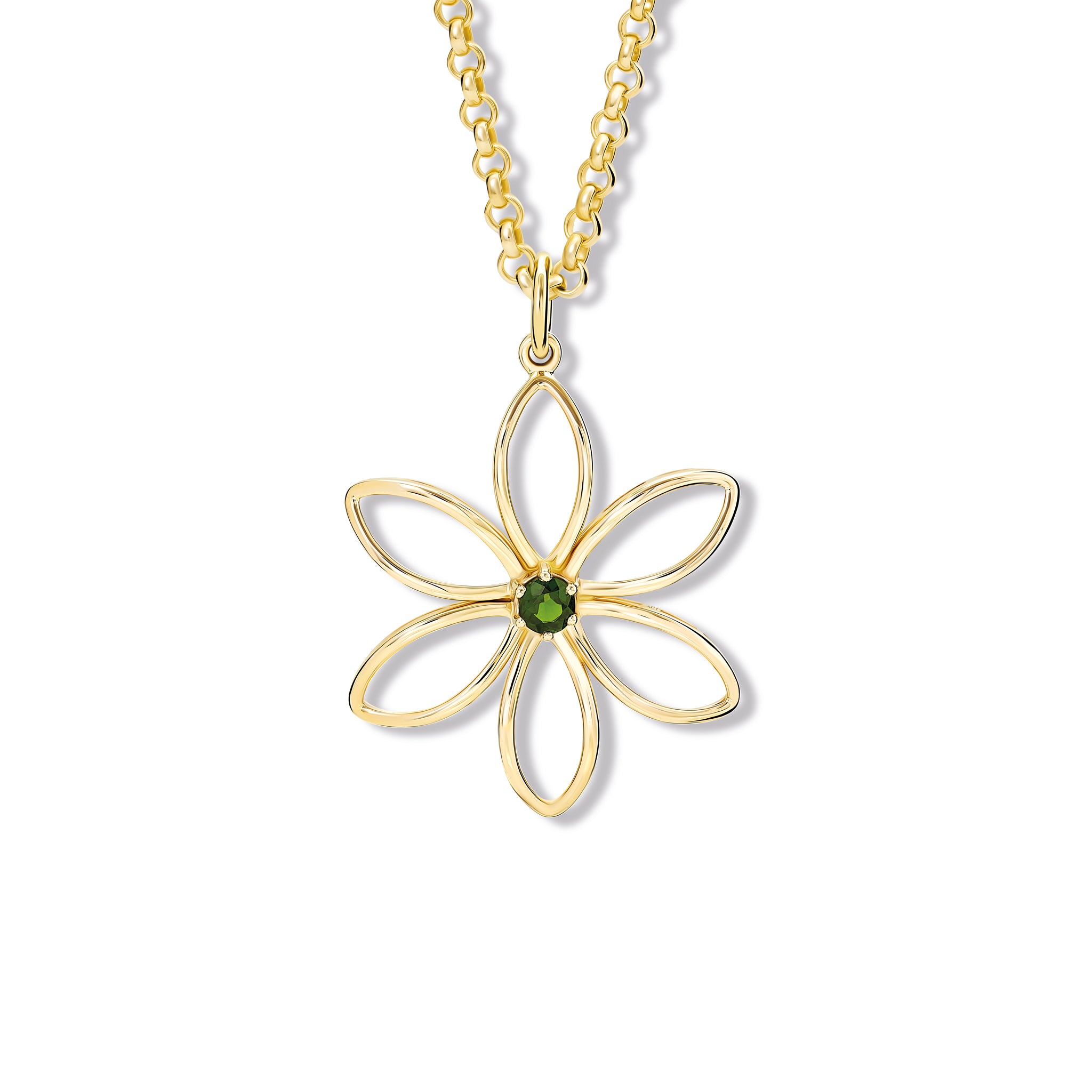 Handcrafted yellow gold flower necklace pendant with a central chrome diopside.