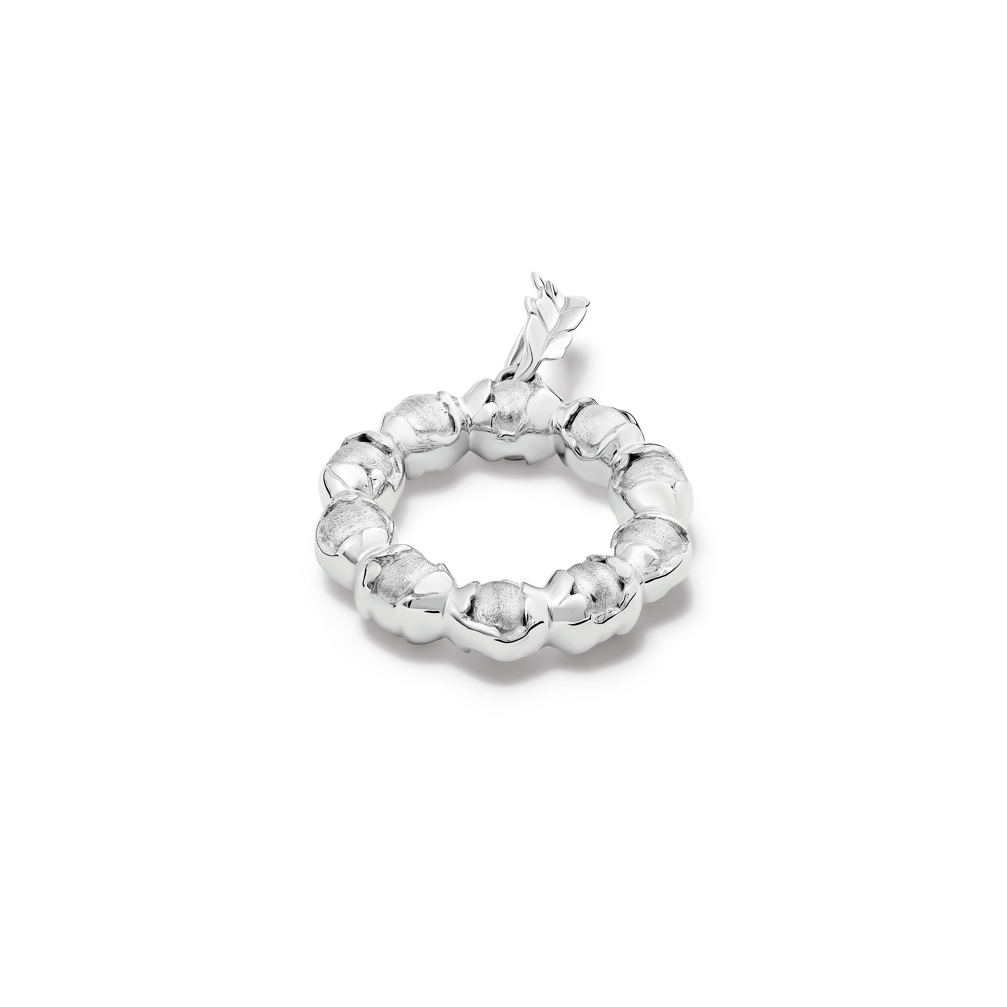 Handcrafted sterling silver necklace pendant featuring beads wrapped in leaves.