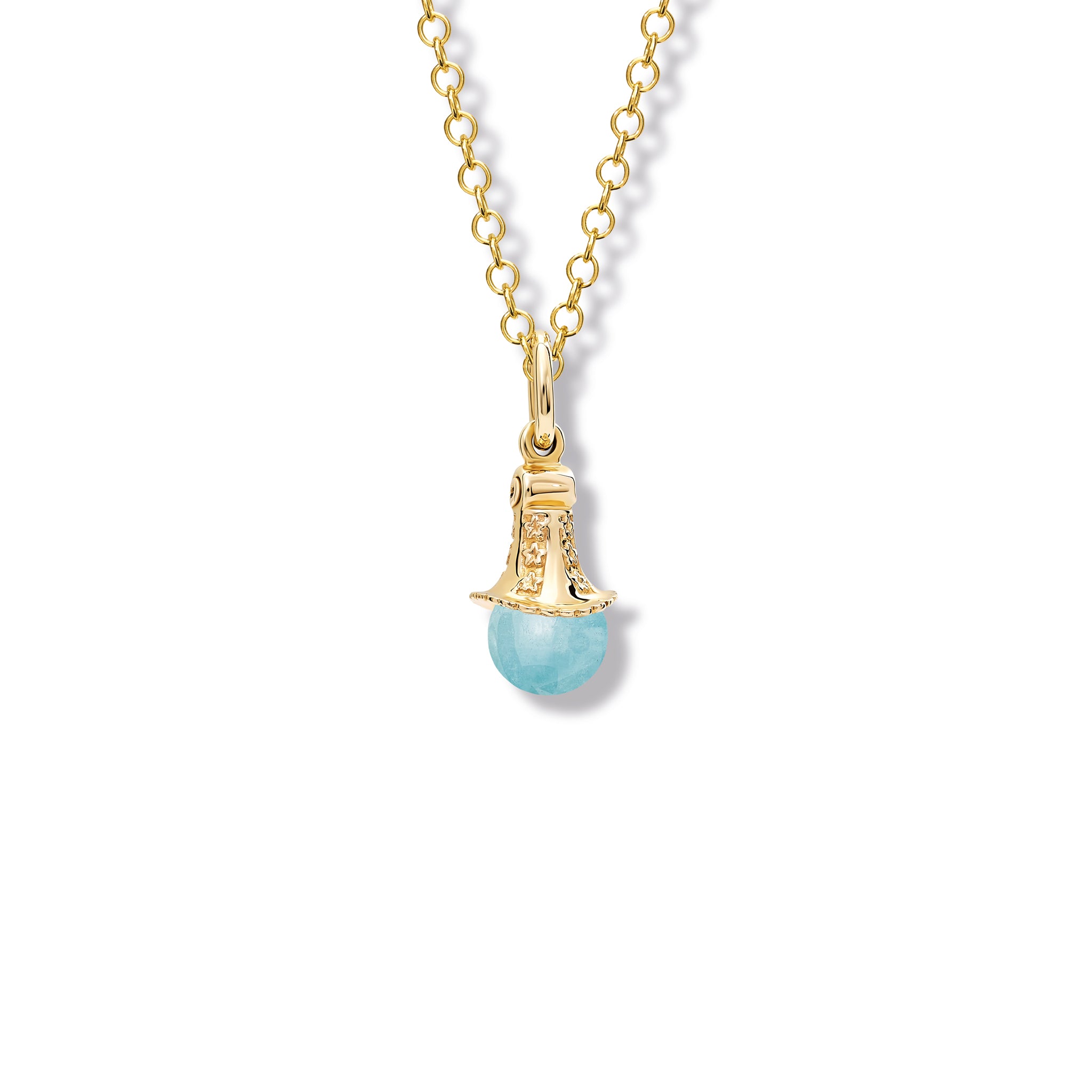 Handcrafted yellow gold necklace pendant with an aquamarine bead, birthstone of March.
