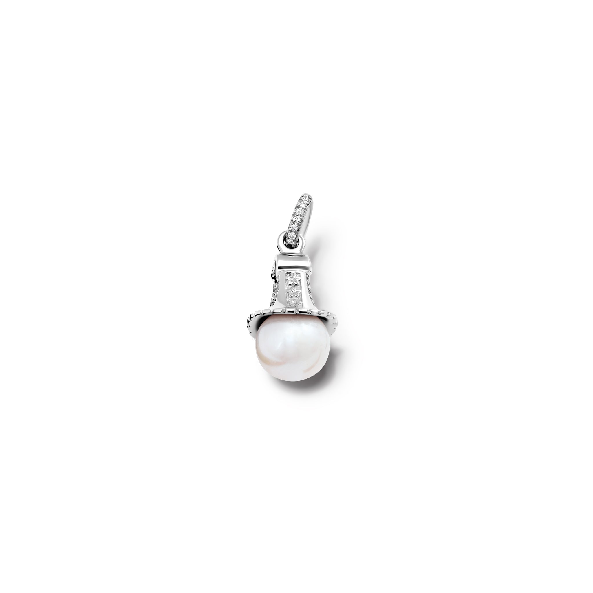 Handcrafted white gold necklace pendant with a pearl and diamond pav�, birthstone of June.