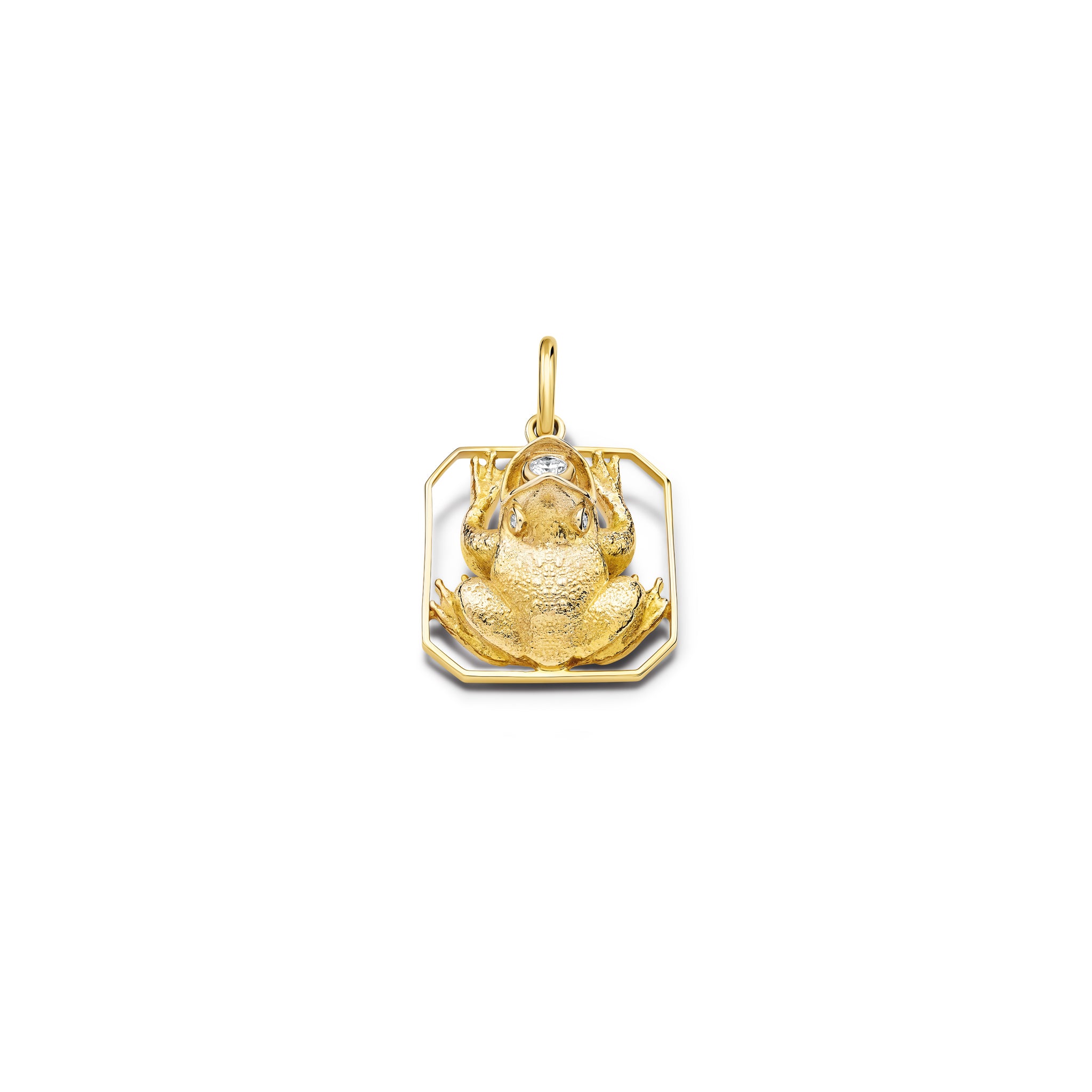Handcrafted yellow gold frog shaped necklace pendant with diamonds.