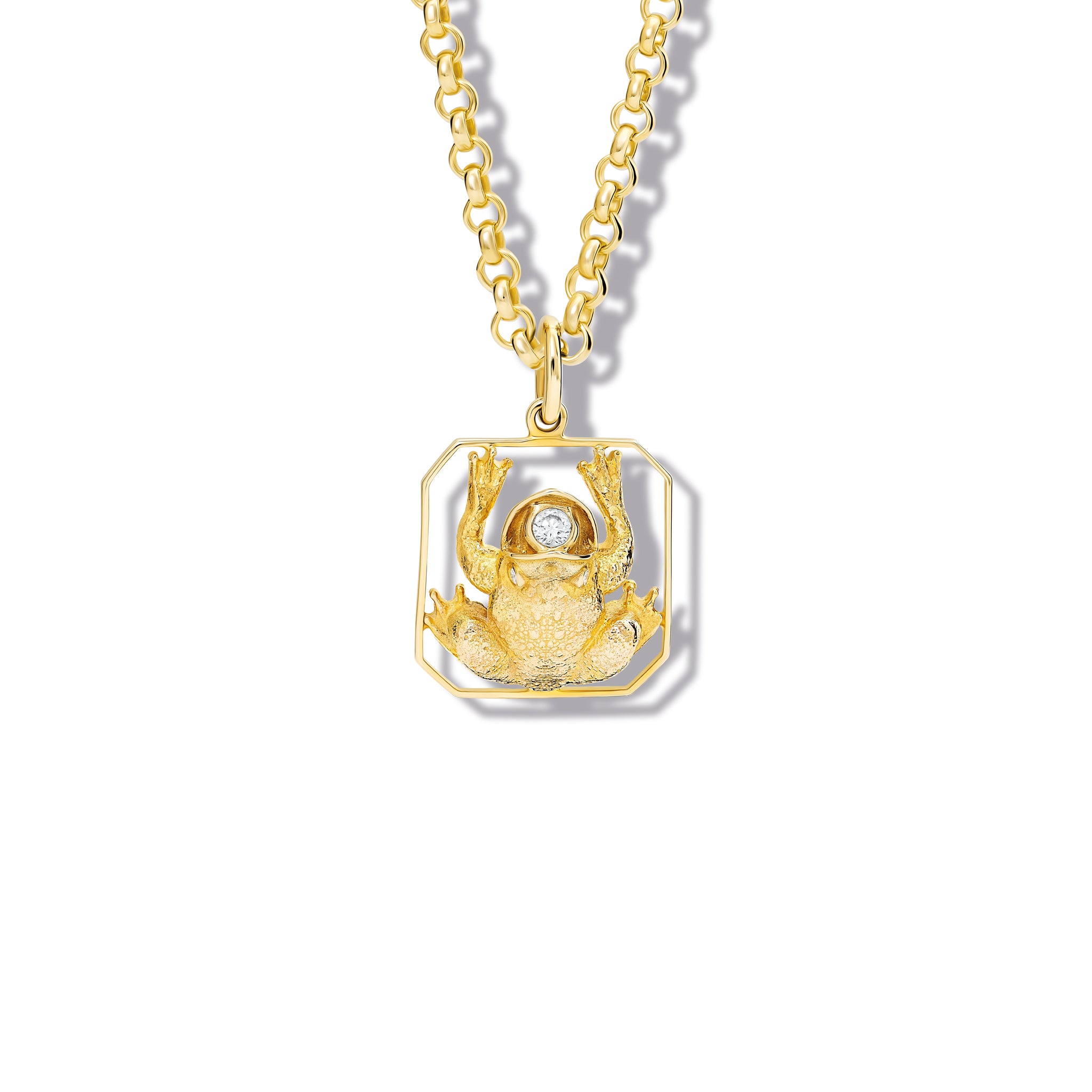 Handcrafted yellow gold frog shaped necklace pendant with diamonds.