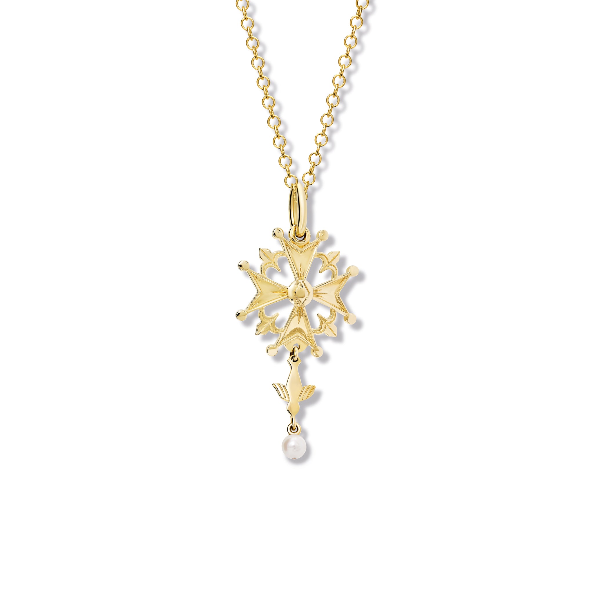 Handcrafted yellow gold Huguenot cross pendant with pearl, birthstone of June.