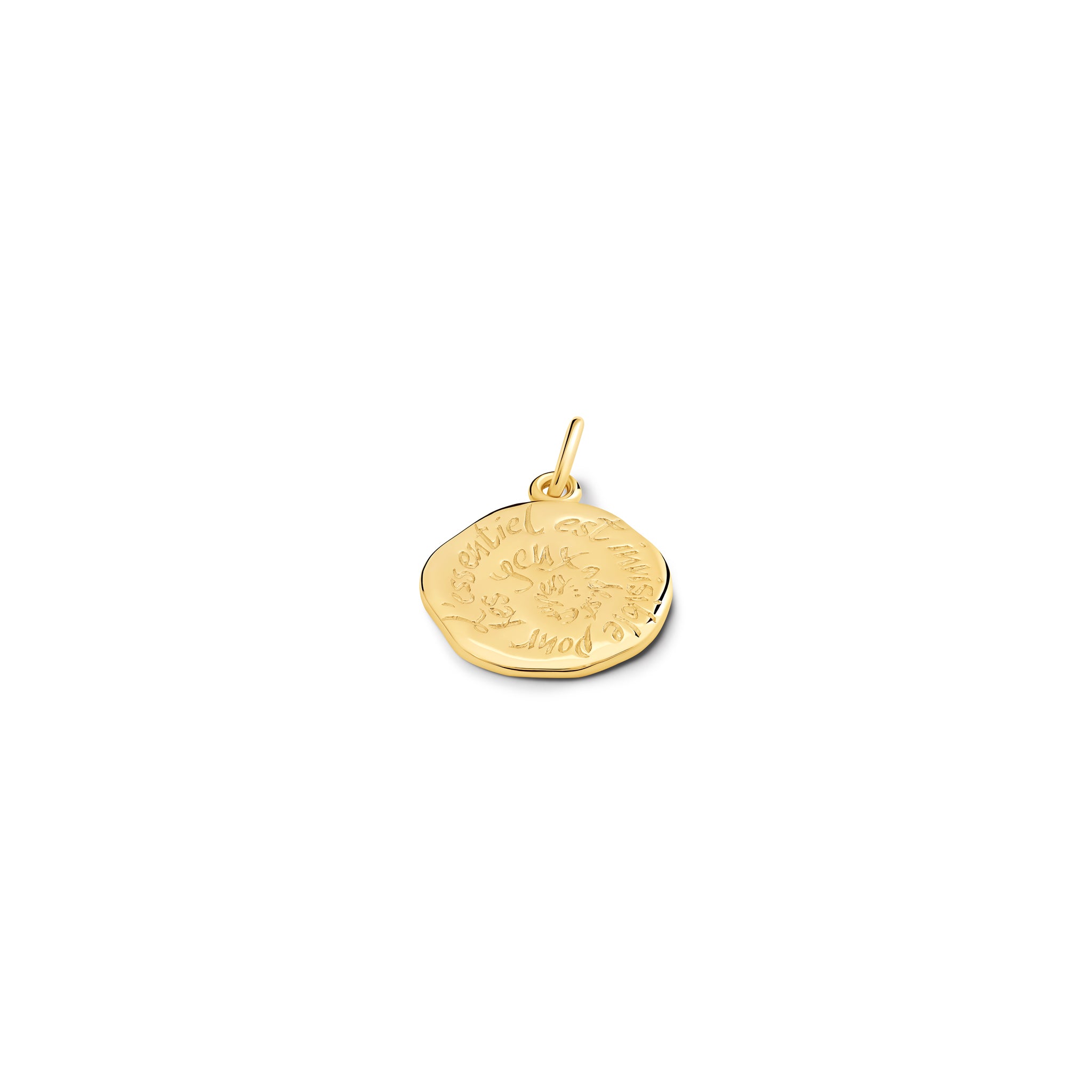 Handcrafted yellow gold necklace pendant engraved with the quote, 'L'essentiel est invisible pour les yeux.'