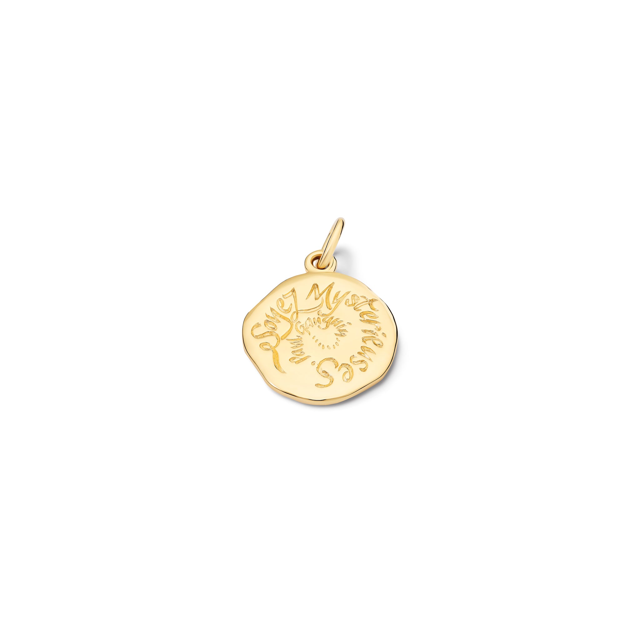 Handcrafted yellow gold necklace pendant engraved with the quote, 'Soyez Myst�rieuses.'