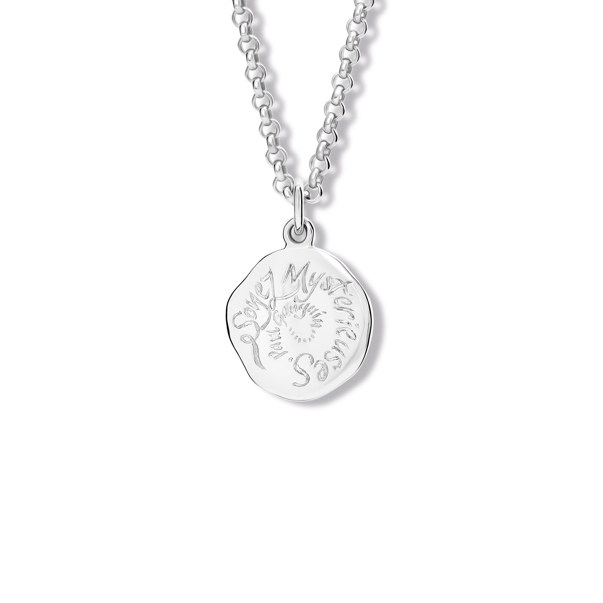 Handcrafted sterling silver necklace pendant engraved with the quote, 'Soyez Myst?rieuses.'