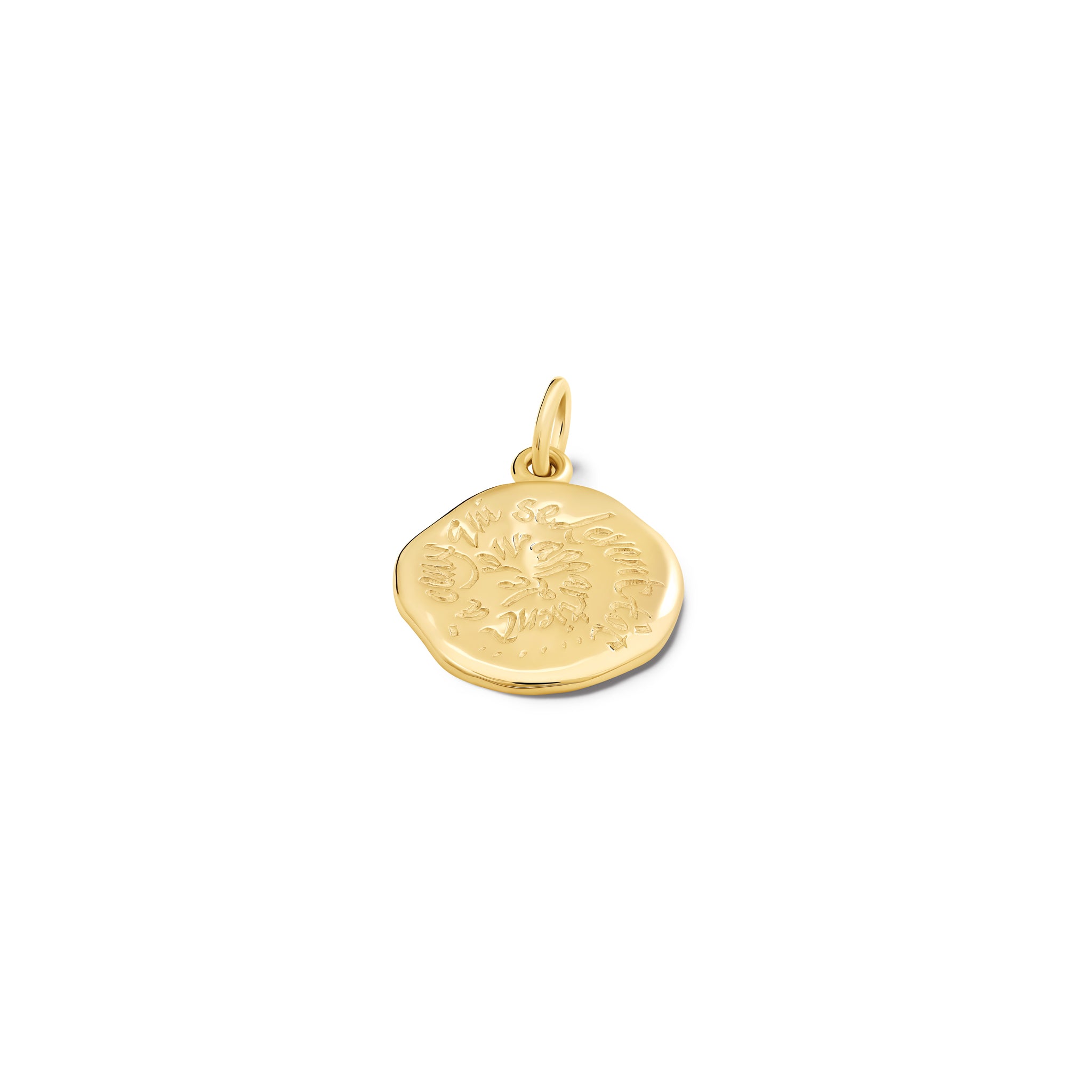 Handcrafted yellow gold necklace pendant engraved with the quote, 'The day is theirs who wake early.'