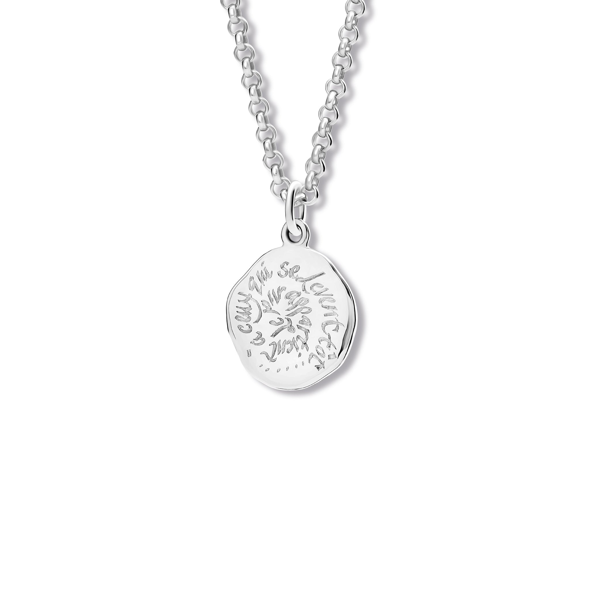 Handcrafted sterling silver necklace pendant engraved with the quote, 'The day is theirs who wake early.'
