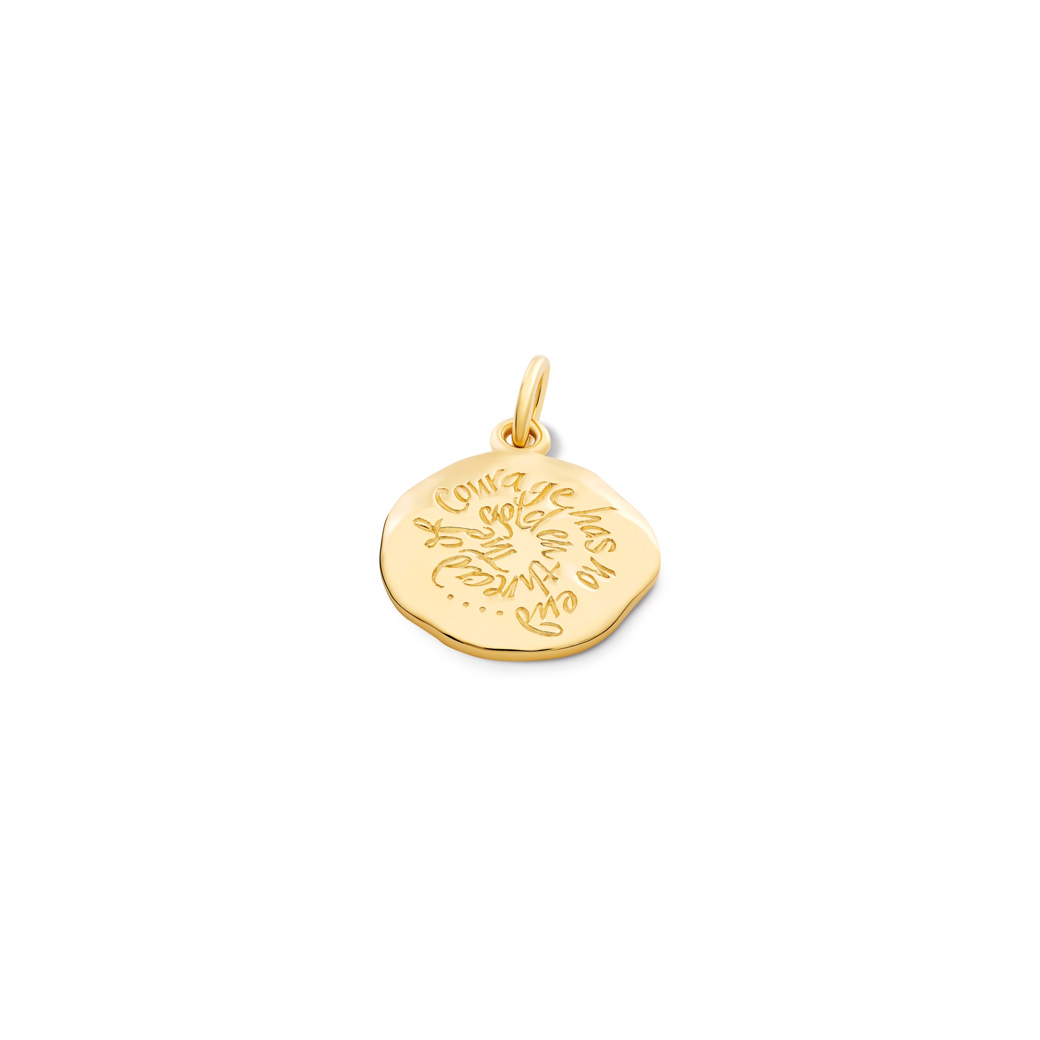 Handcrafted yellow gold round necklace pendant engraved with a quote.