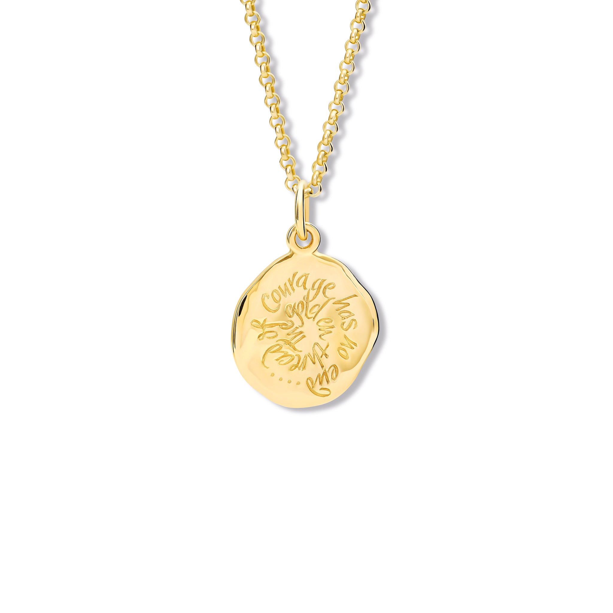 Handcrafted yellow gold round necklace pendant engraved with the quote 'The golden thread of courage has no end.'