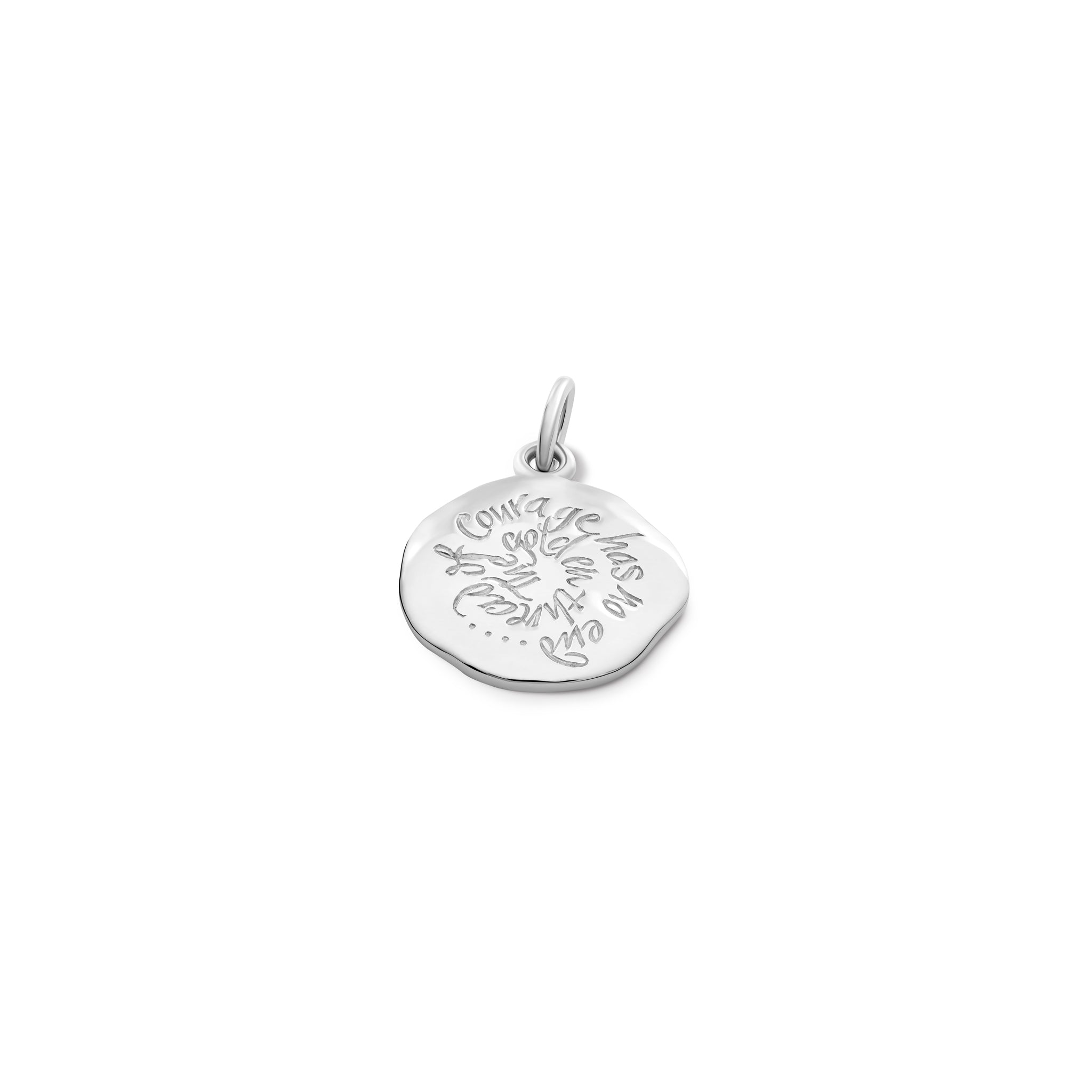 Handcrafted sterling silver round necklace pendant engraved with the quote 'The golden thread of courage has no end.'