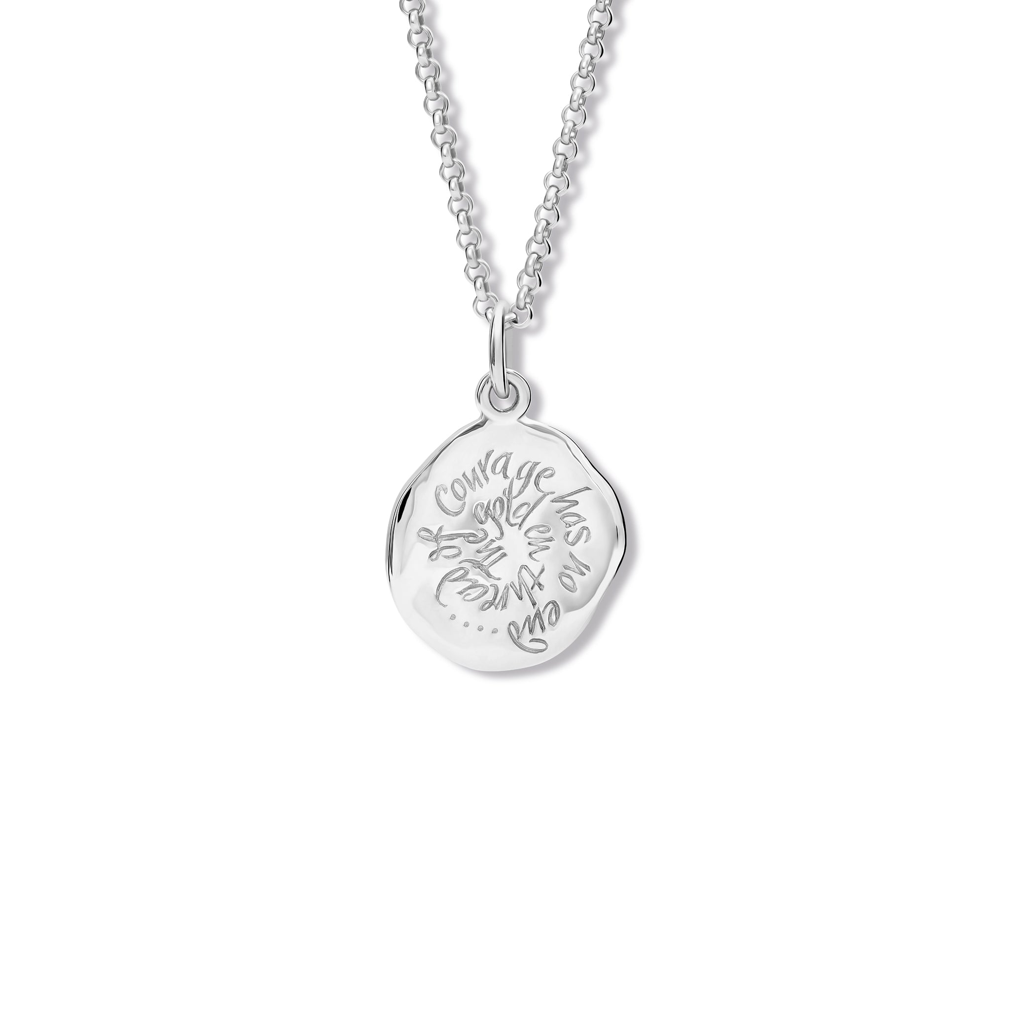 Handcrafted sterling silver round necklace pendant engraved with the quote 'The golden thread of courage has no end.'