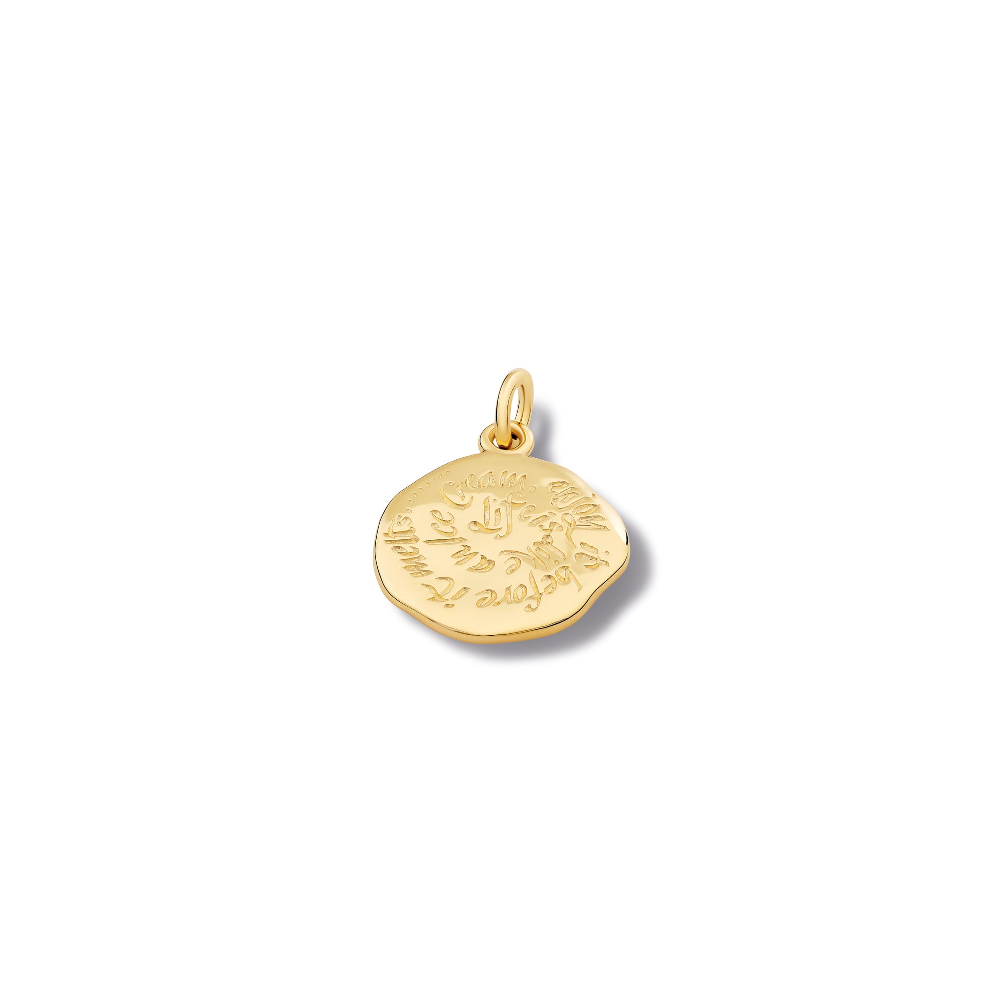 Handcrafted yellow gold necklace pendant engraved with the quote, 'Life is like an ice cream.'