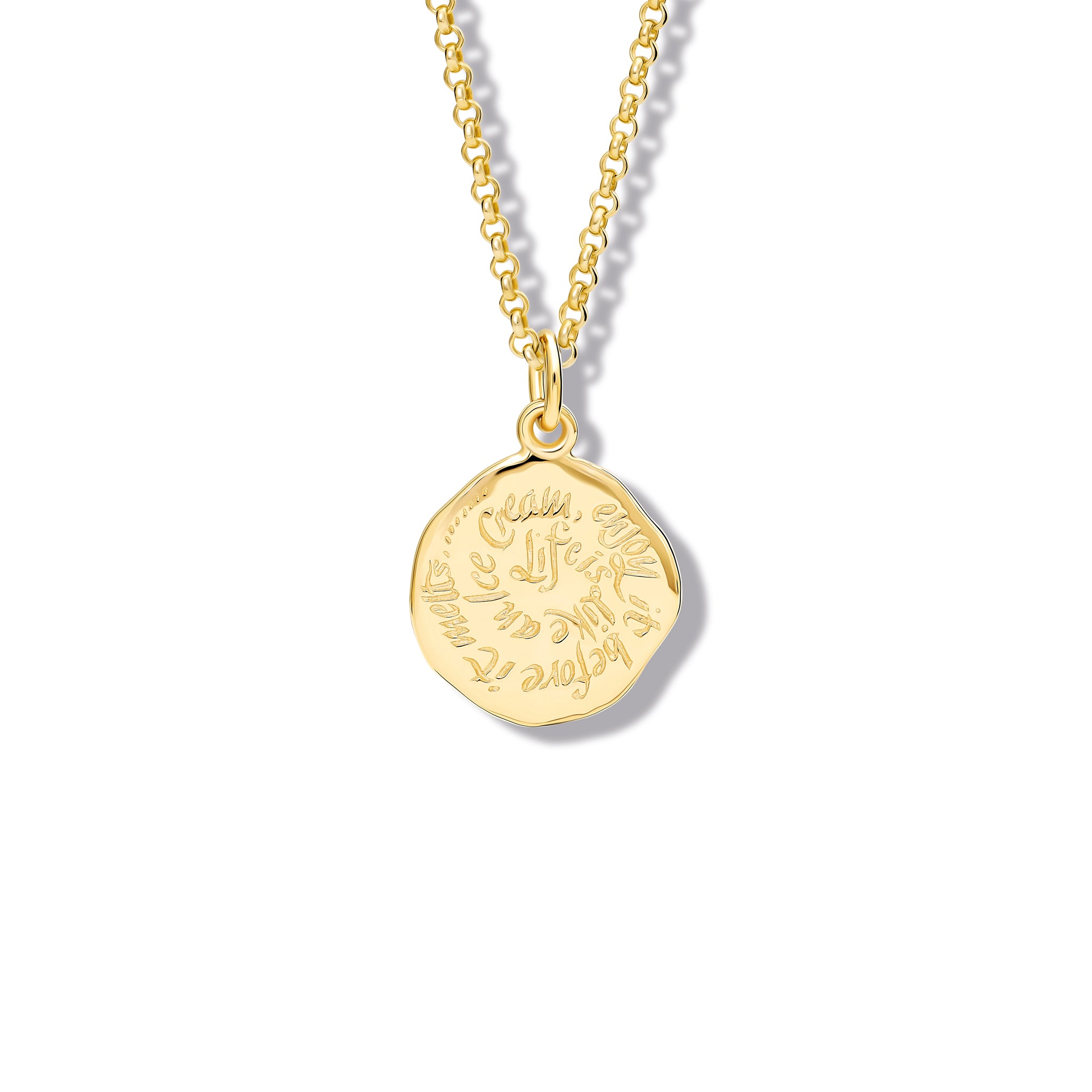 Handcrafted yellow gold necklace pendant engraved with the quote, 'Life is like an ice cream.'