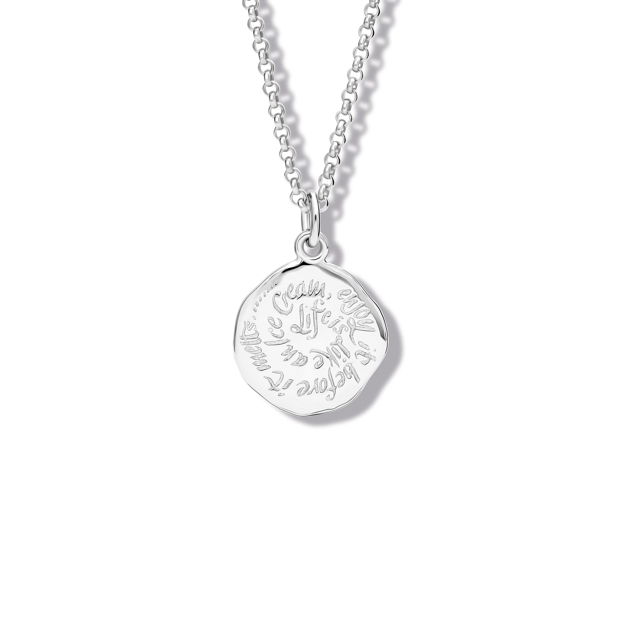 Handcrafted sterling silver necklace pendant engraved with the quote, 'Life is like an ice cream.'