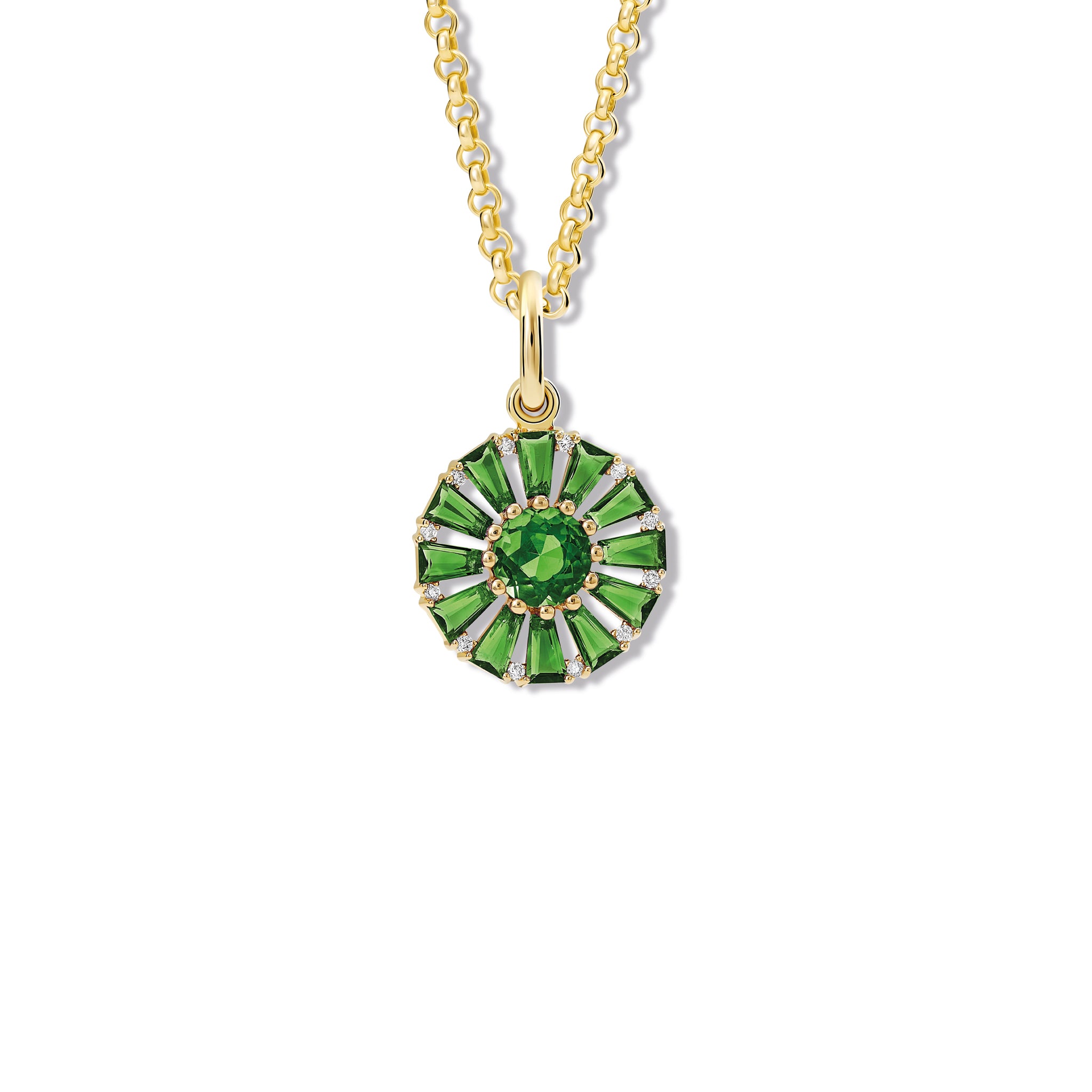 Handcrafted yellow gold circular necklace pendant with baguette cut chrome diopside and diamond gemstones.