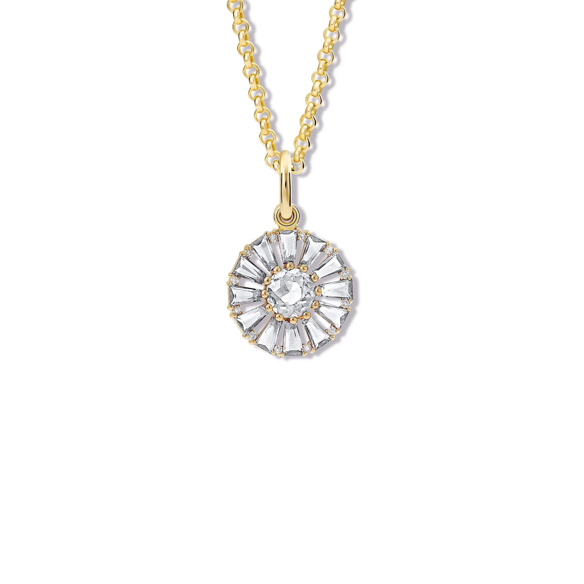 Handcrafted yellow gold circular necklace pendant with baguette cut white topaz and diamond gemstones.