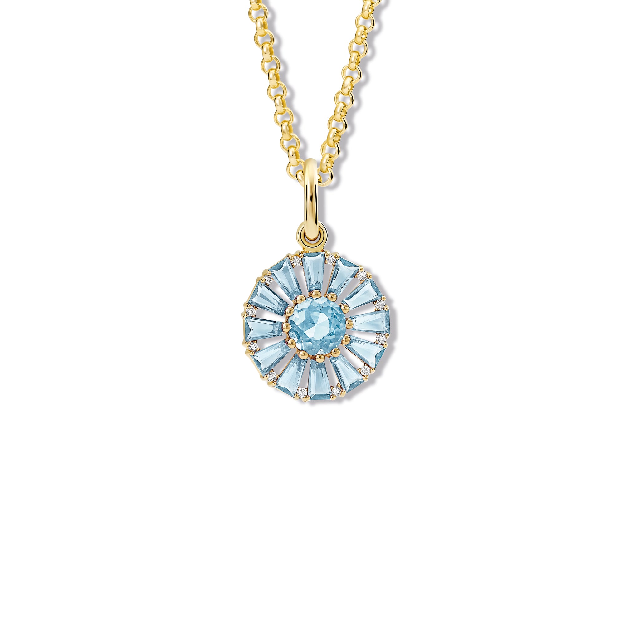 Handcrafted yellow gold necklace pendant featuring a circular arrangement of blue topaz and diamond, birthstone of November.