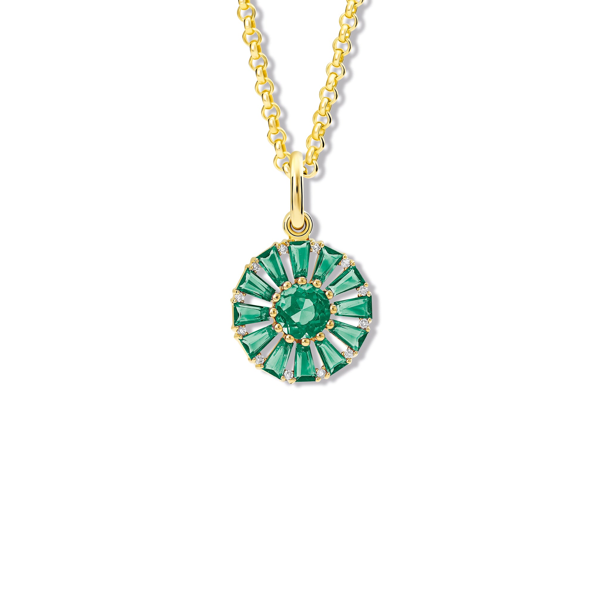 Handcrafted 18ct yellow gold necklace pendant featuring a circular arrangement of emerald and diamond, birthstone of May.