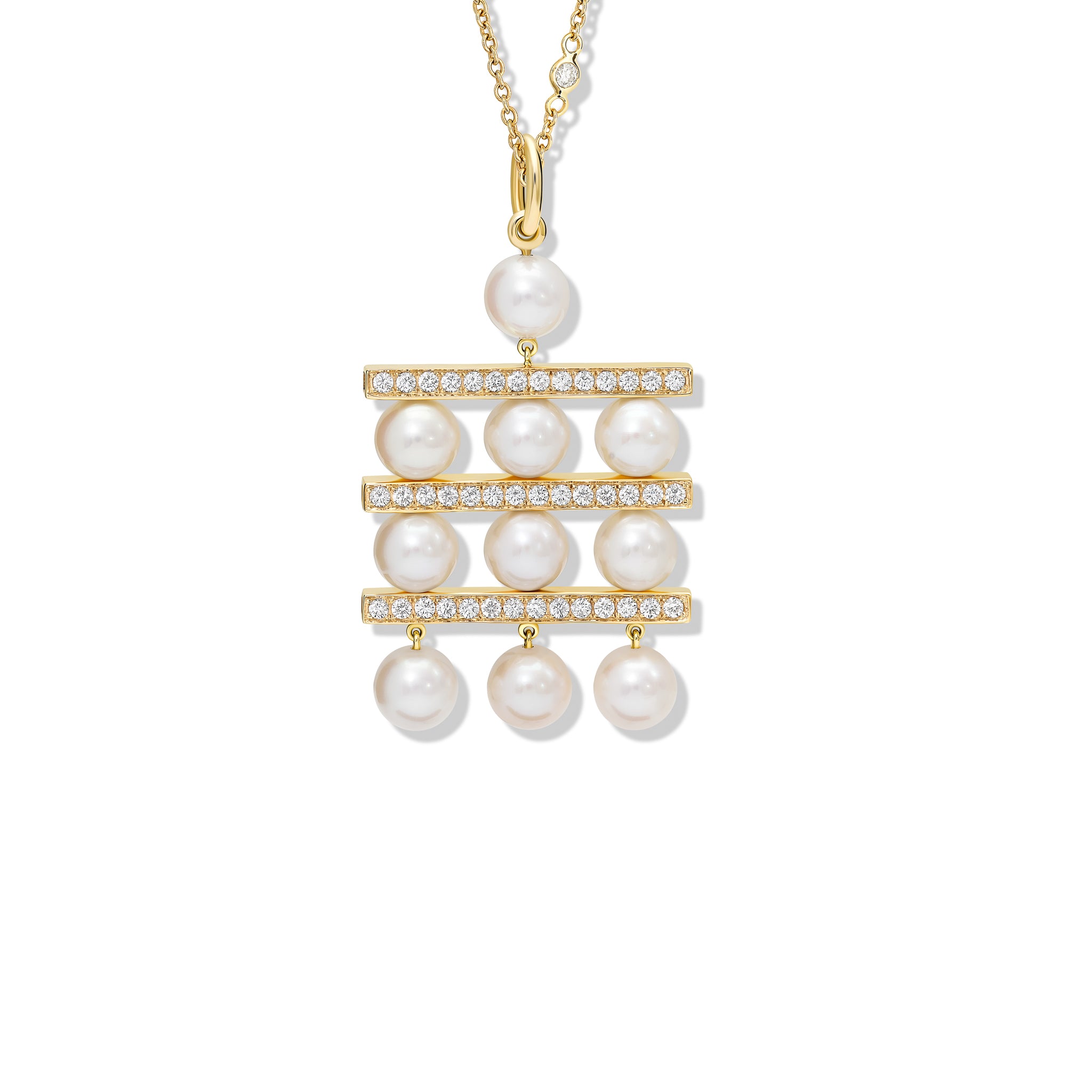 Handcrafted yellow gold necklace pendant with three tiers of pearls separated by delicate gold lines adorned with diamond pavé.