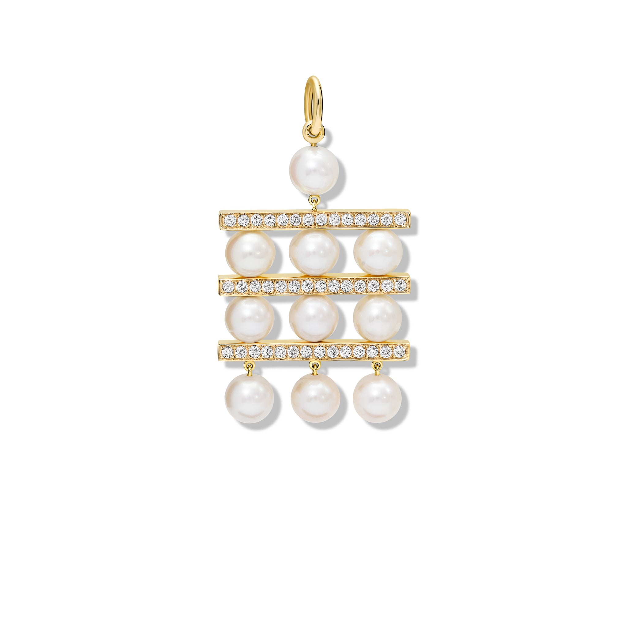 Handcrafted yellow gold necklace pendant with three tiers of pearls separated by delicate gold lines adorned with diamond pavé.