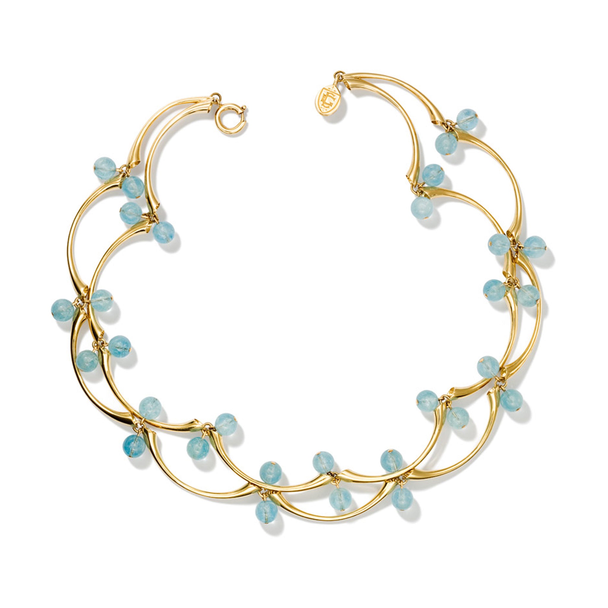Handcrafted yellow gold necklace in the shape of waves with aquamarines.