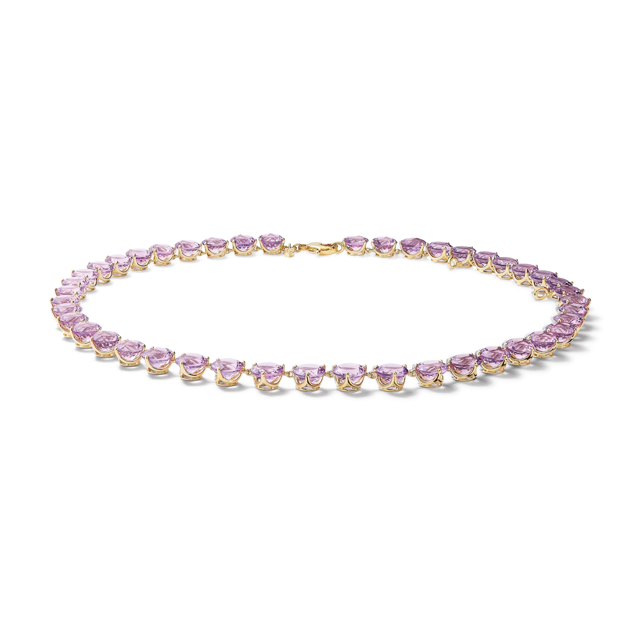 Handcrafted yellow gold necklace featuring circular amethyst gemstones.