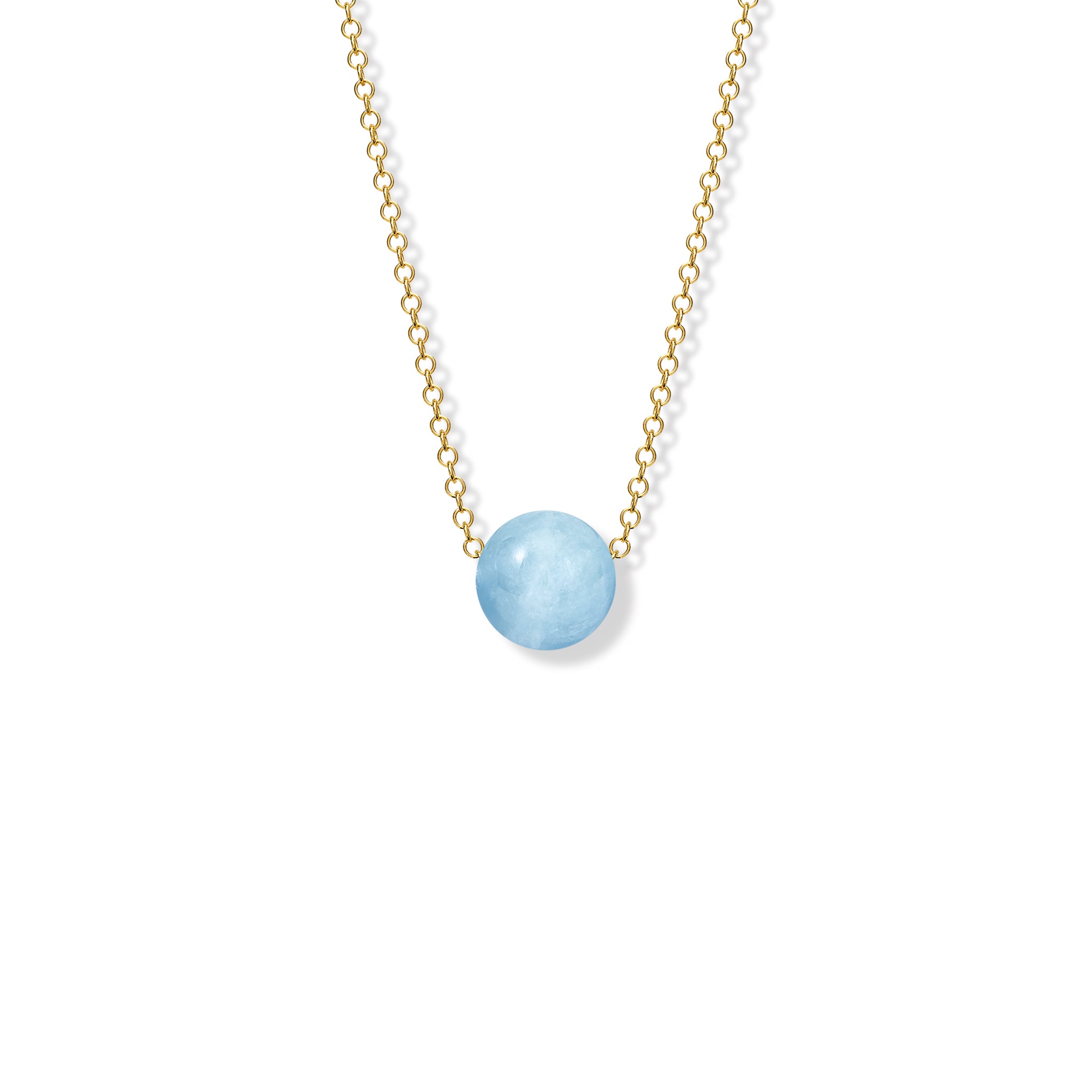 Handcrafted yellow gold necklace featuring a round aquamarine bead, birthstone of March.