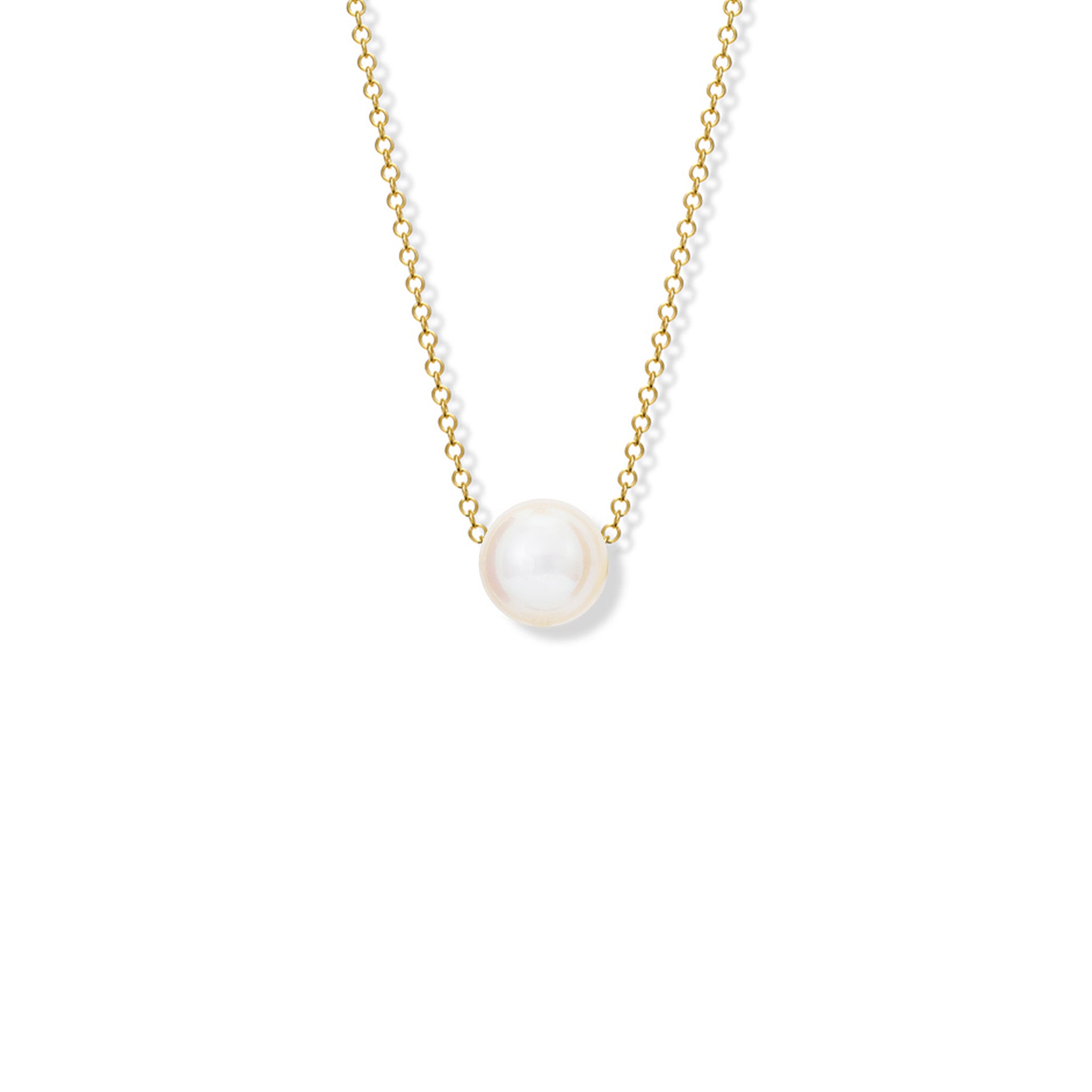 Handcrafted yellow gold necklace featuring a round pearl, birthstone of June.