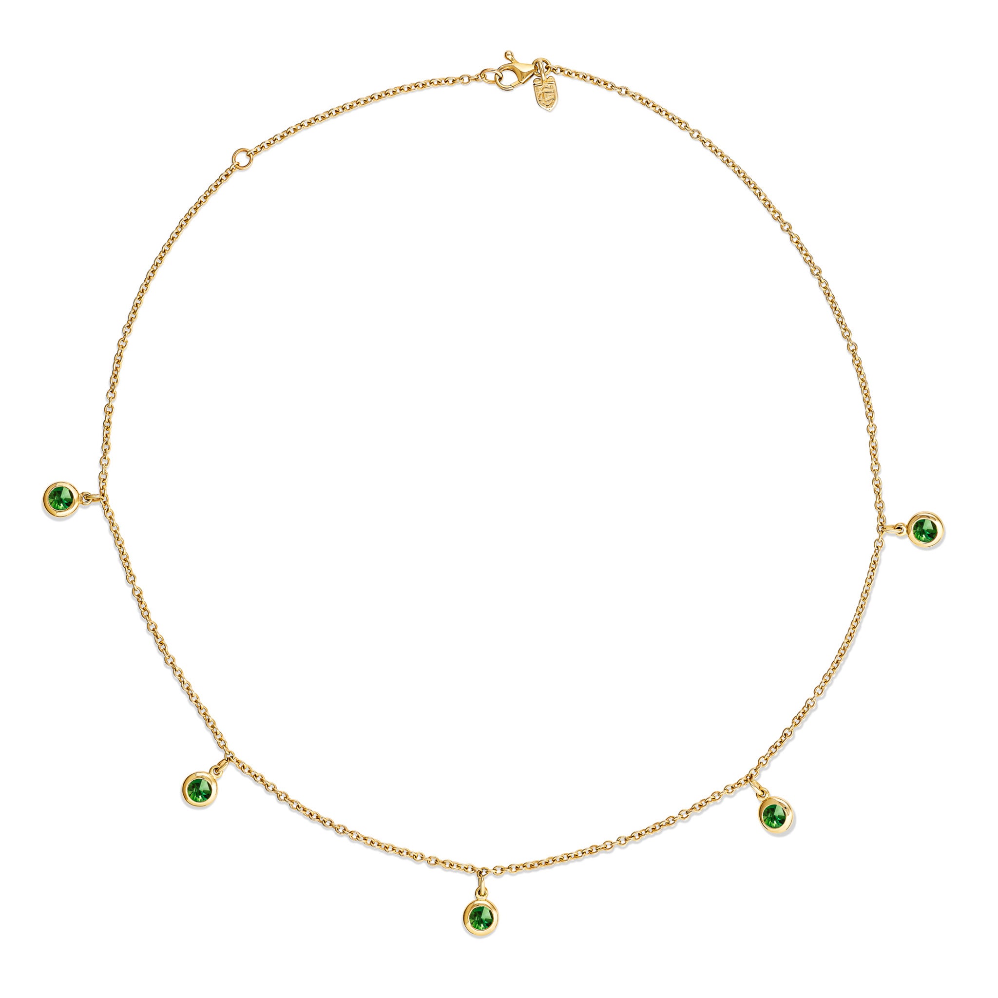Handcrafted yellow gold necklace with five round chrome diopside drops.