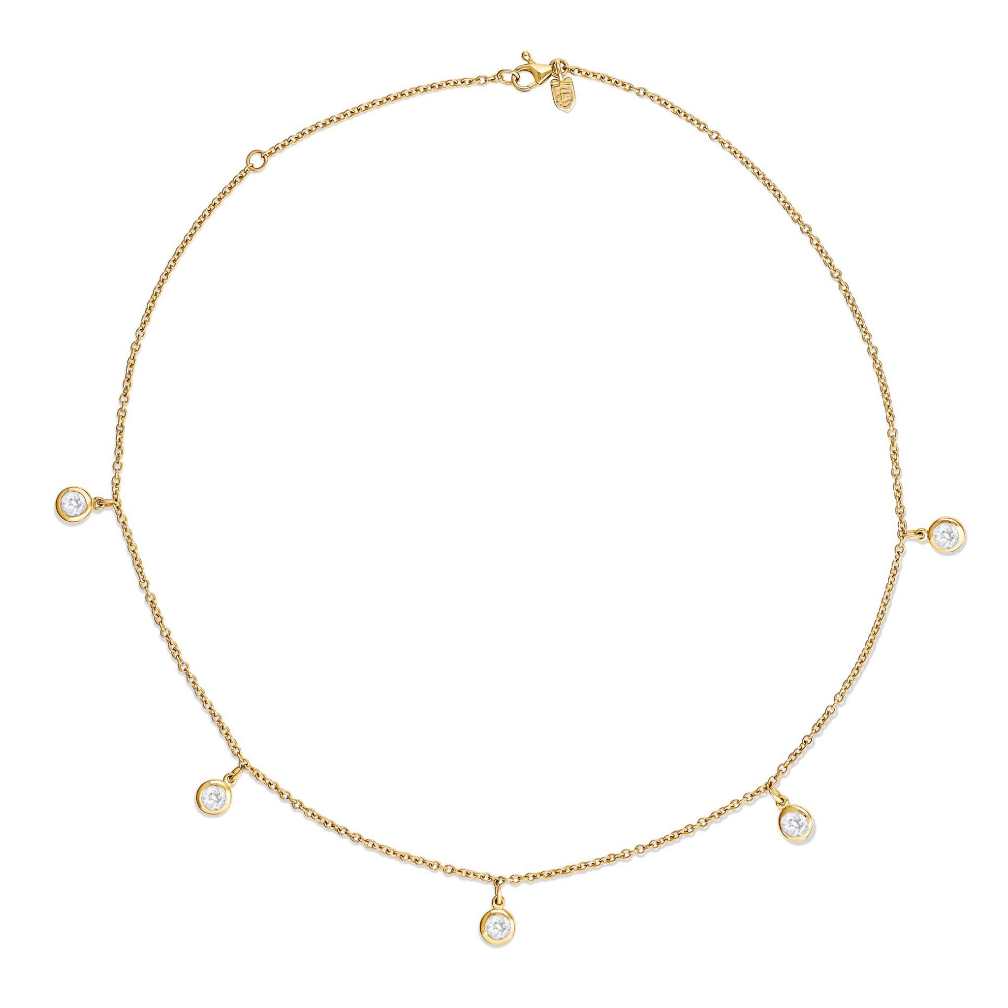 Handcrafted 18ct yellow gold necklace with five round diamonds dops, birthstone of April.