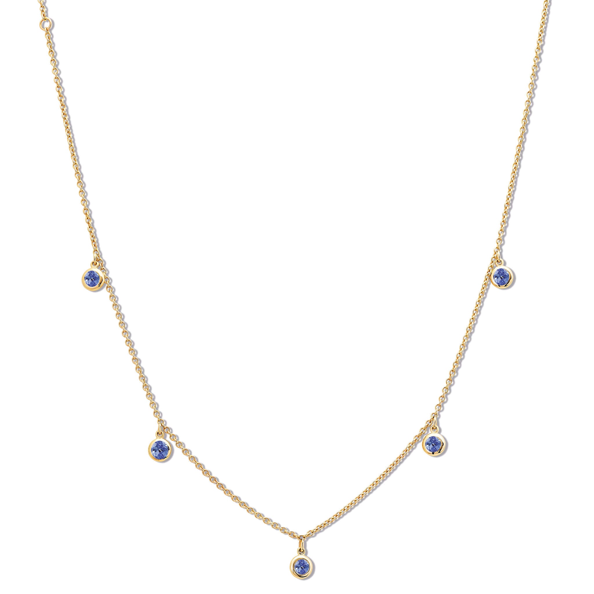 Handcrafted yellow gold necklace with five round blue sapphire drops, birthstone of September.