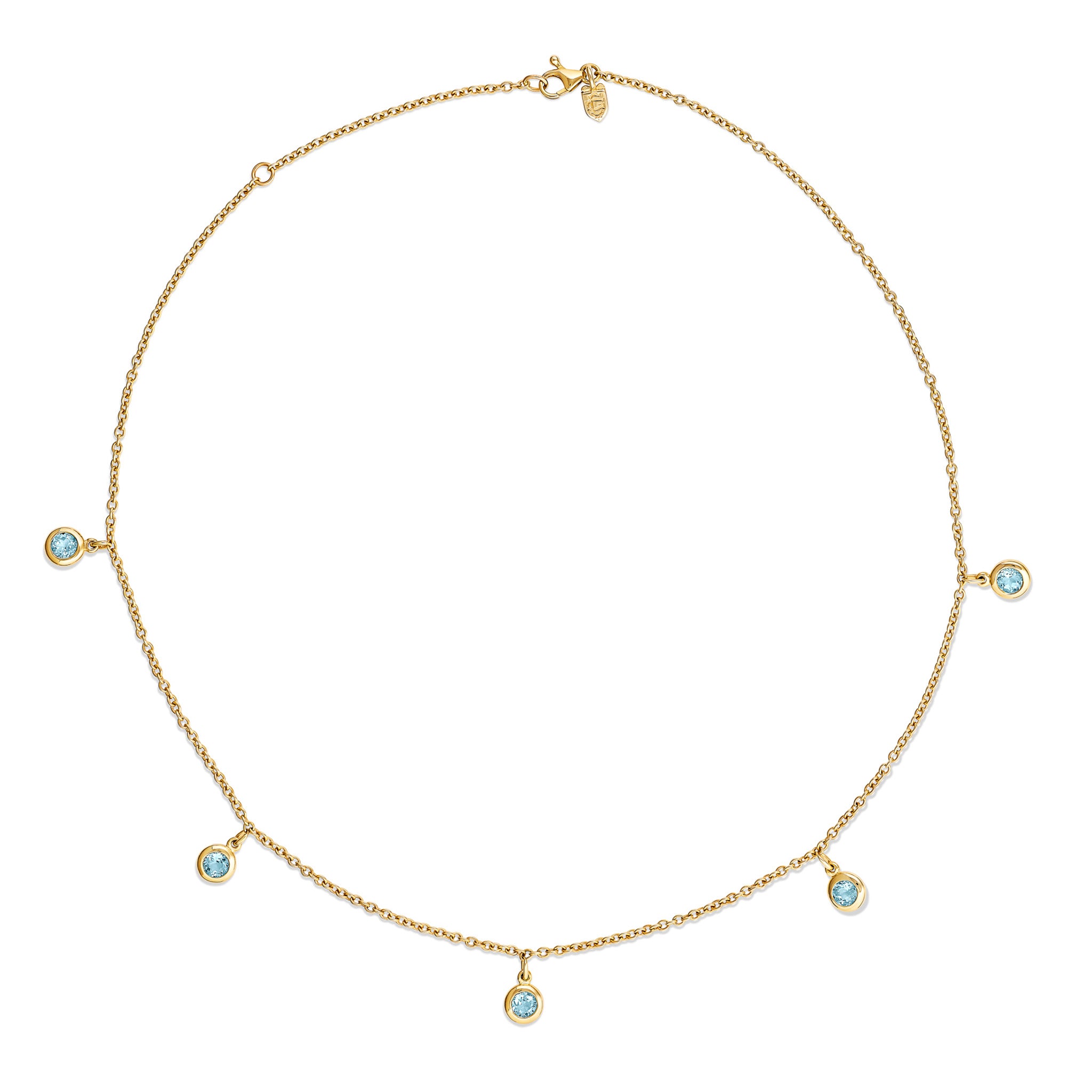 Handcrafted yellow gold necklace with five round blue topaz drops, birthstones of November.