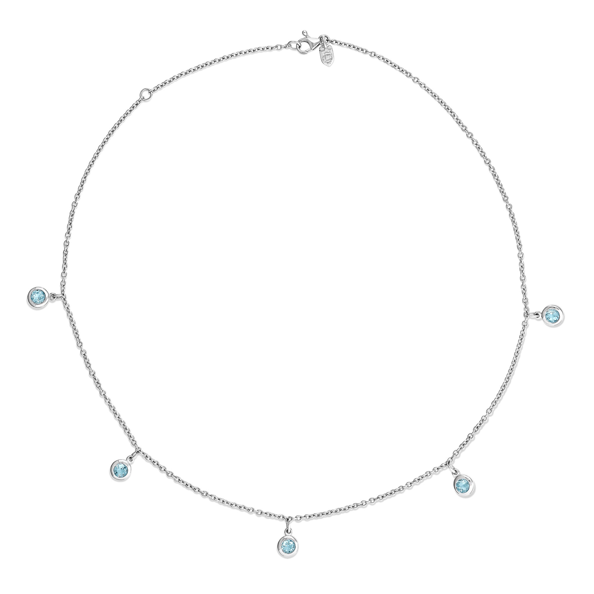 Handcrafted white gold necklace with five round blue topaz drops, birthstone of November.