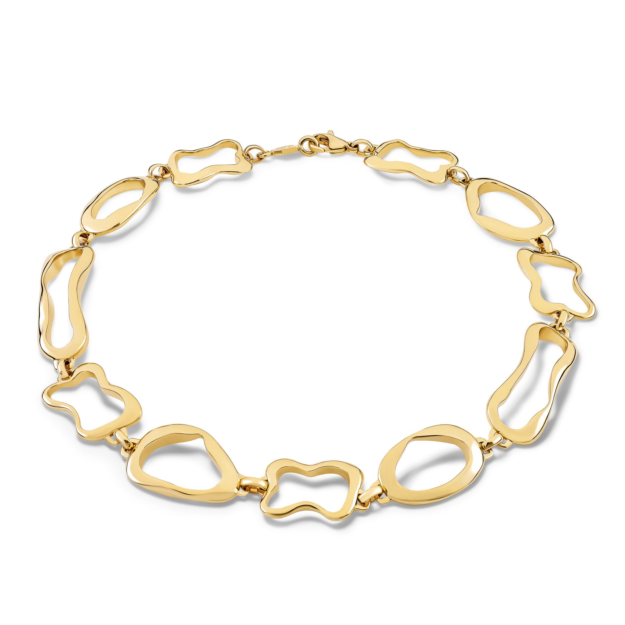 Handcrafted yellow gold necklace featuring the outlines of french pastries: ?clair, canel?, pain au chocolat and croissant.