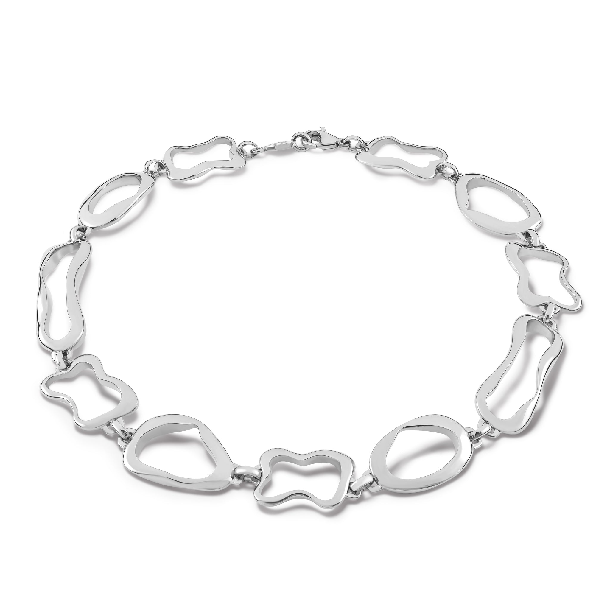 Handcrafted sterling silver necklace featuring the outlines of french pastries: ?clair, canel?, pain au chocolat and croissant.