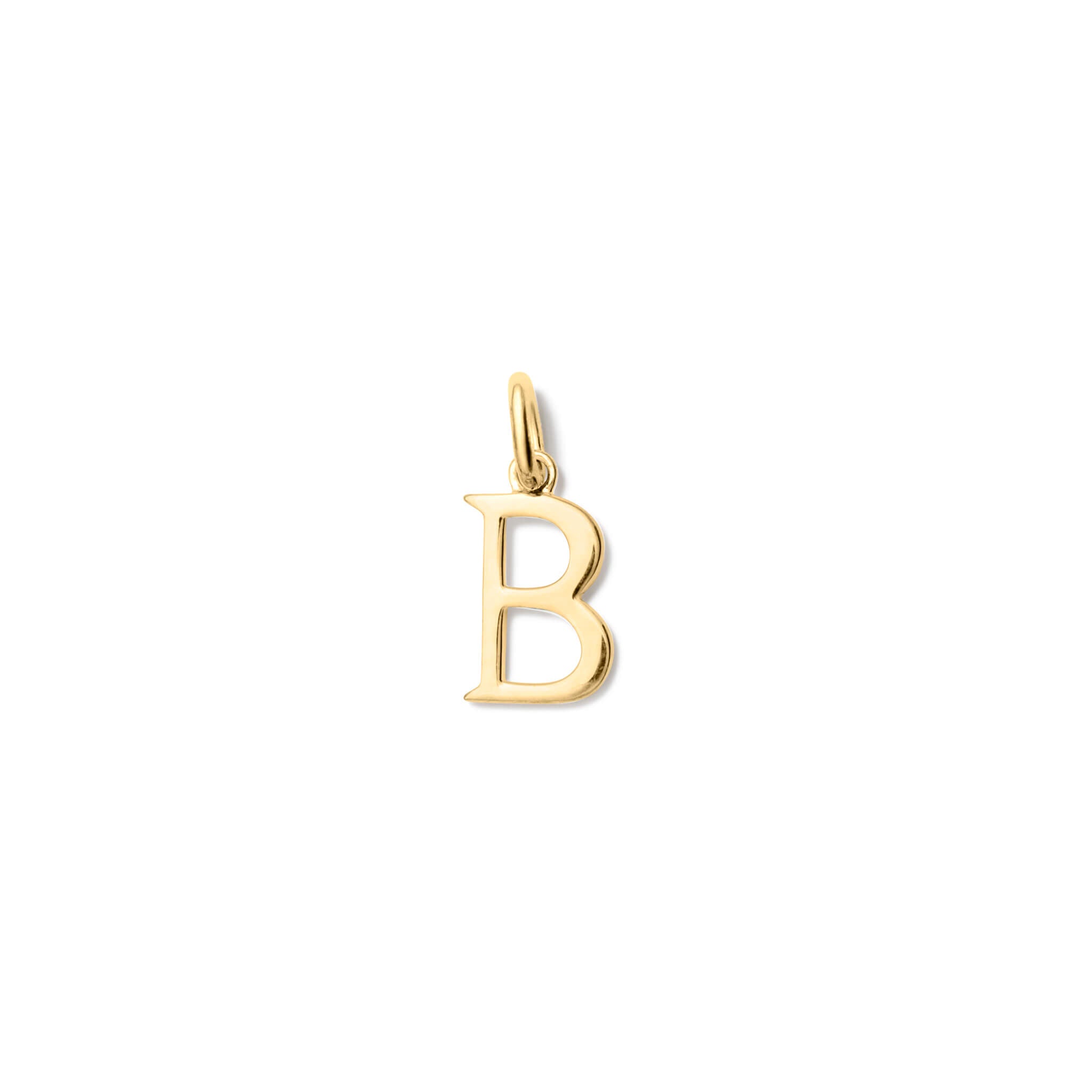 Handcrafted yellow gold initial B necklace pendant, with a loop at the top for chain attachment.