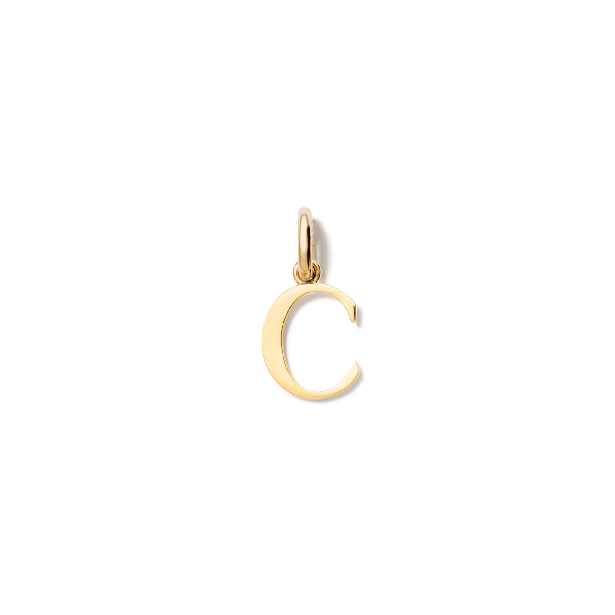 Handcrafted yellow gold initial C necklace pendant, with a loop at the top for chain attachment.