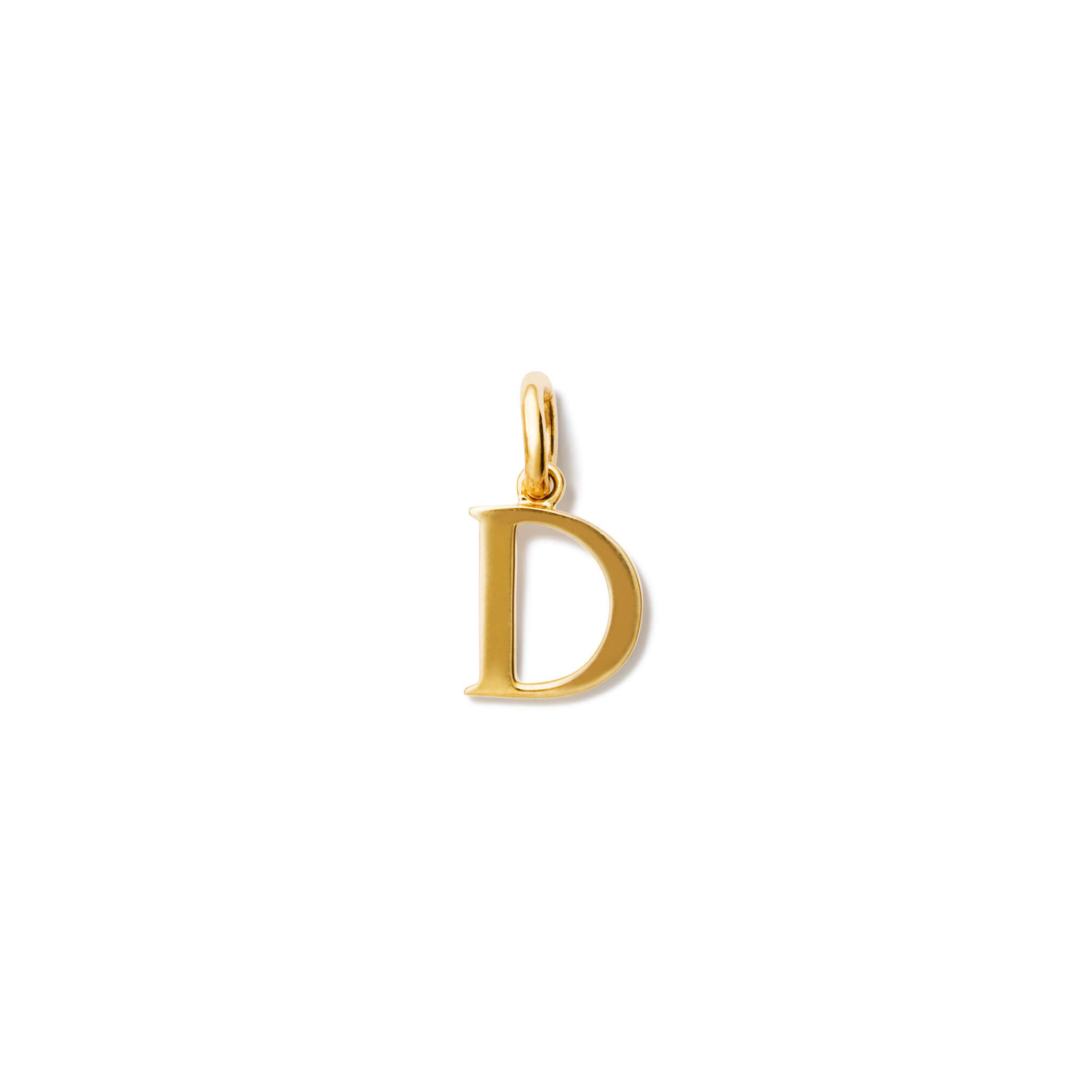 Handcrafted yellow gold initial D necklace pendant, with a loop at the top for chain attachment.
